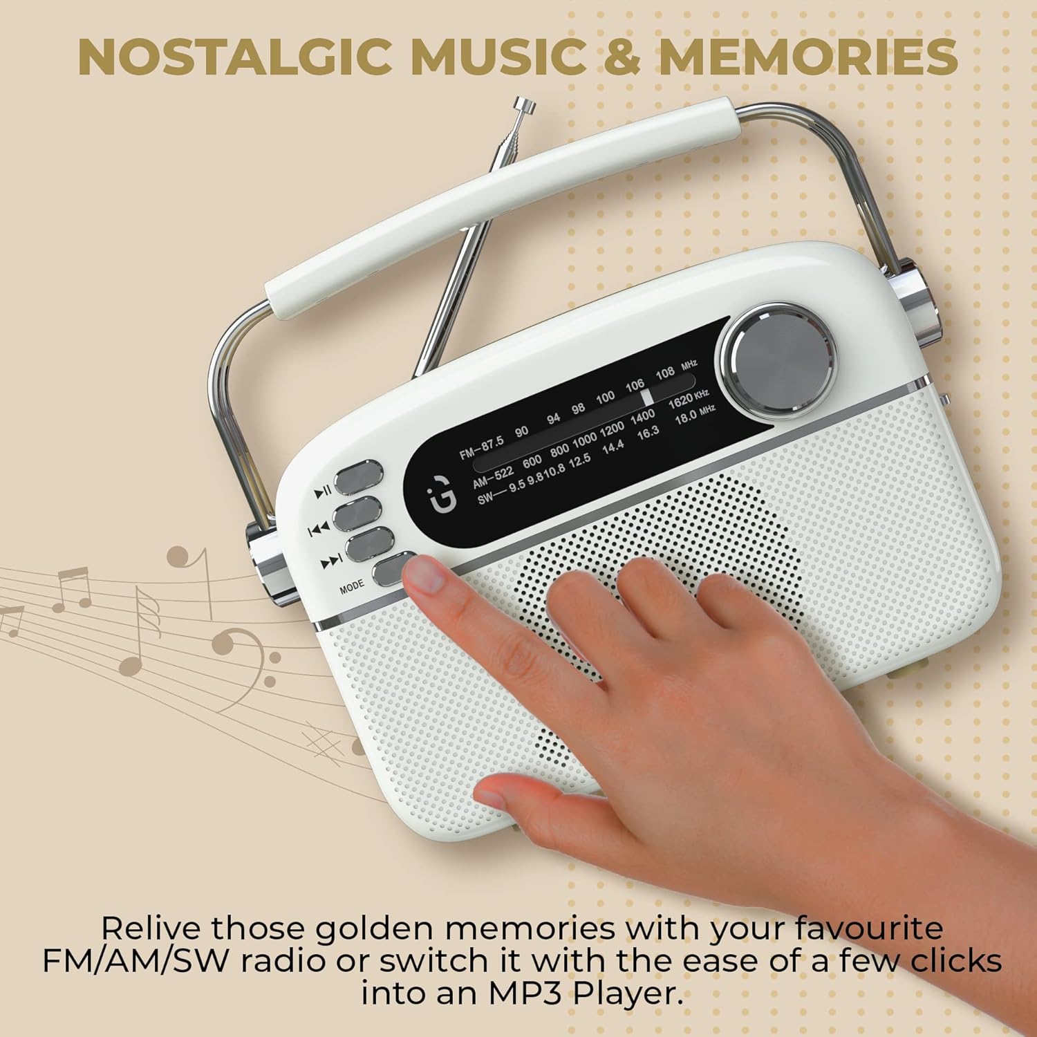 iGear Evoke iG-1113 Retro Modern style Radio and MP3 player with FM/AM/SW- White & Champagne Gold