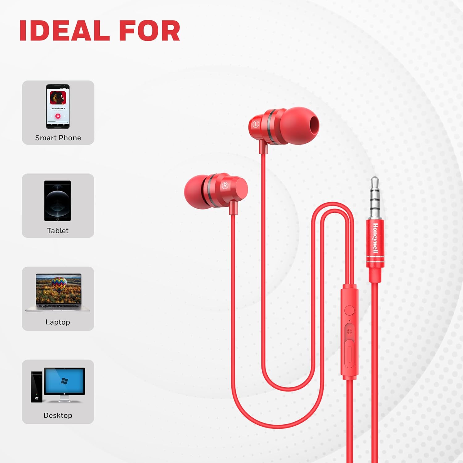 Honeywell Moxie V50 Wired Earphones with built in Mic, 10mm*2 drivers, Passive Noise Cancellation, 3.5mm AUX, Voice Assistant Enabled, 1.2 Mtr- Red