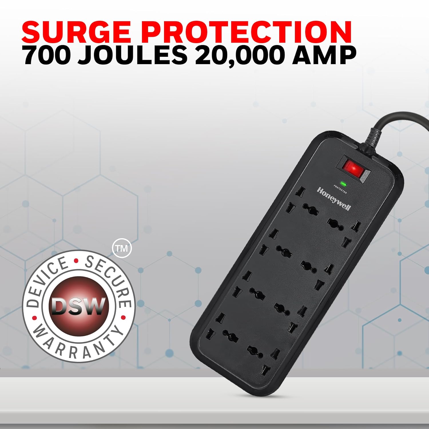 Honeywell 8 Universal Sockets Surge Protector, 2 Meter Cord, 20000Amp, Device Secure Warranty, Automatic Overload Protection,Spike Guard/Extension board, Master Switch