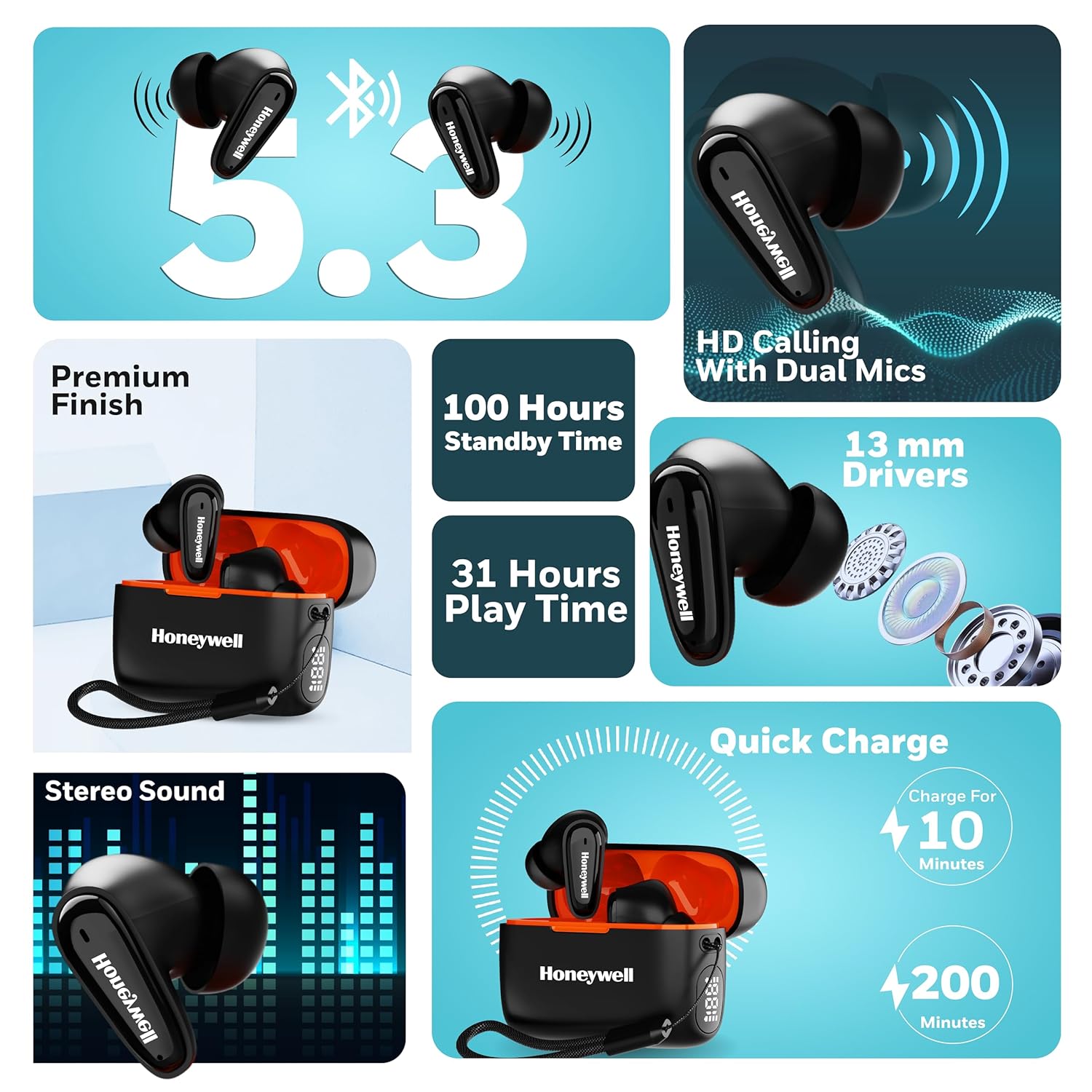 Honeywell Moxie V1100 TWS Earbuds in-Ear wireless with Digital Battery Display Case, Bluetooth V5.3, 31 Hours of Playtime, 13mm*2 Drivers, Fast Charging -black