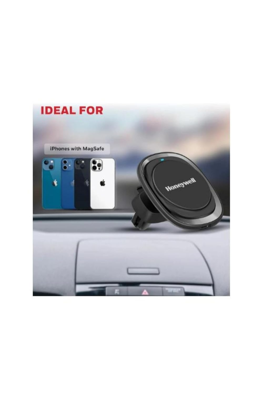 Honeywell Zest MagSafe Phone Mount Car Charger, upto 15W  output with Ultra-fast charging for iPhone 12 to iPhone 16 series,Type C input- Black