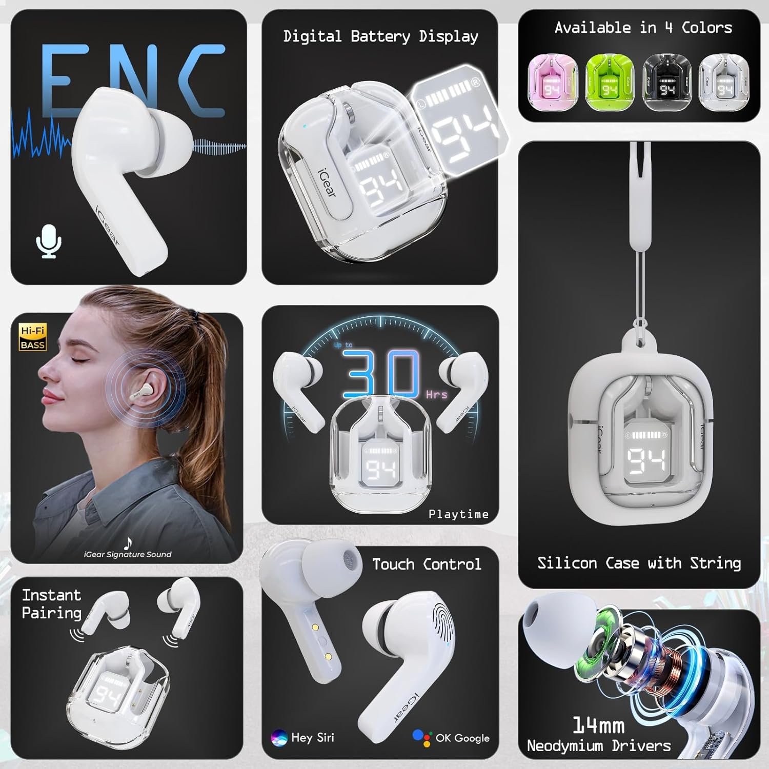 iGear Crystal iG-1025 True Wireless Earbuds, Transparent Charging Case- Ivory White