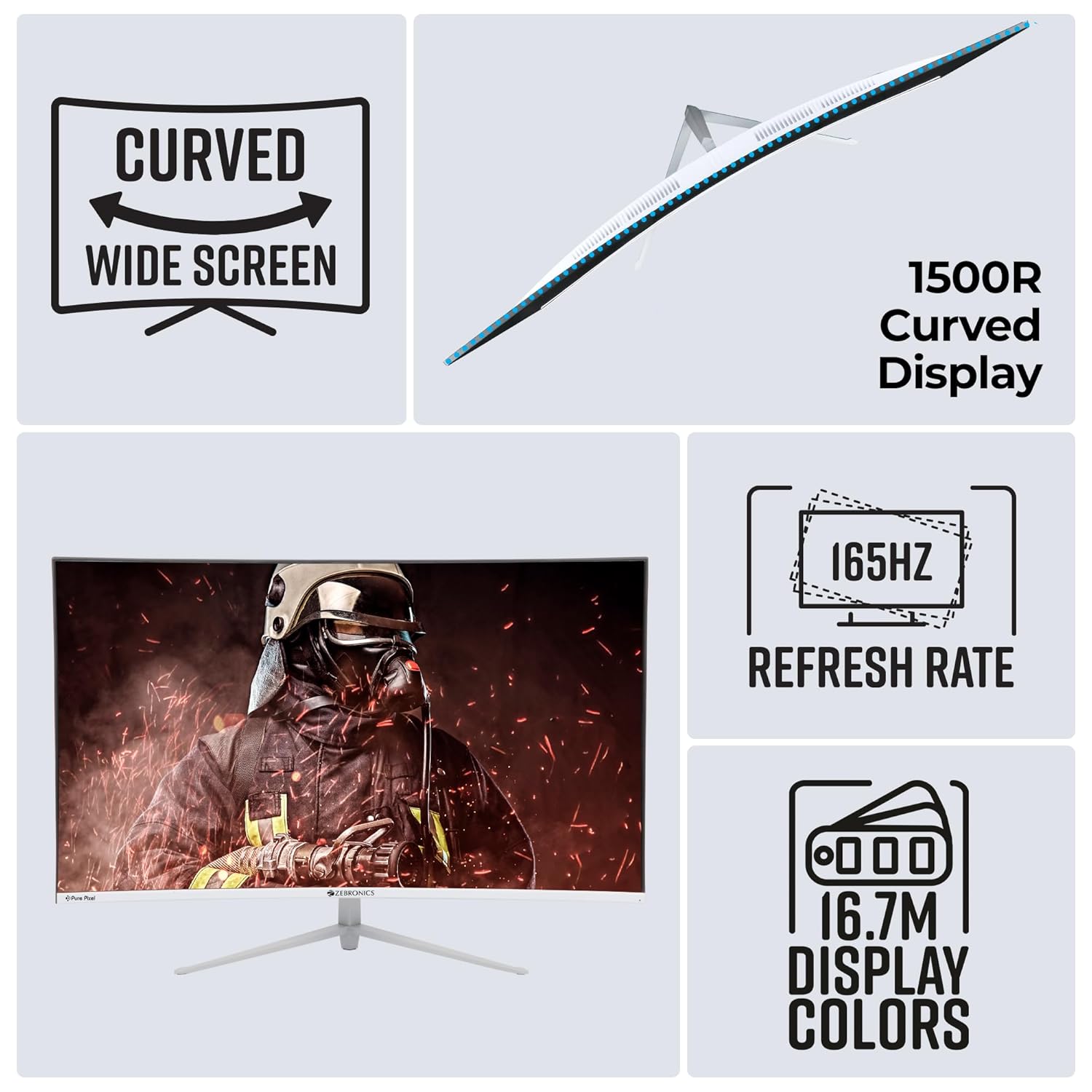 Zebronics AC32FHD 165HZ LED Gaming Monitor, 32 inch (81.28cm), 300 nits,  1800R Curved wide screen, FHD, 1080p, Wall Mountable, HDMI, DisplayPort
