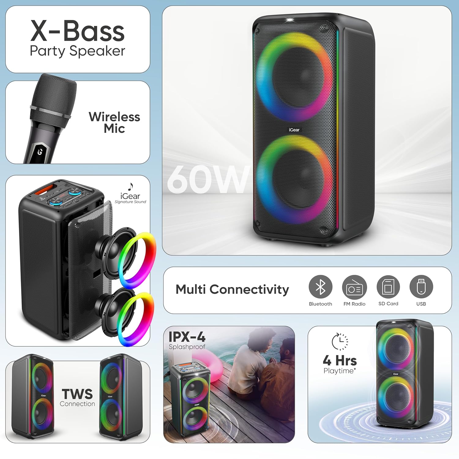 iGear X-Bass 60 iG-1061 Ultimate 60W Portable Bluetooth Party Speaker with Dual Bass Radiators, Remote Control (Black)