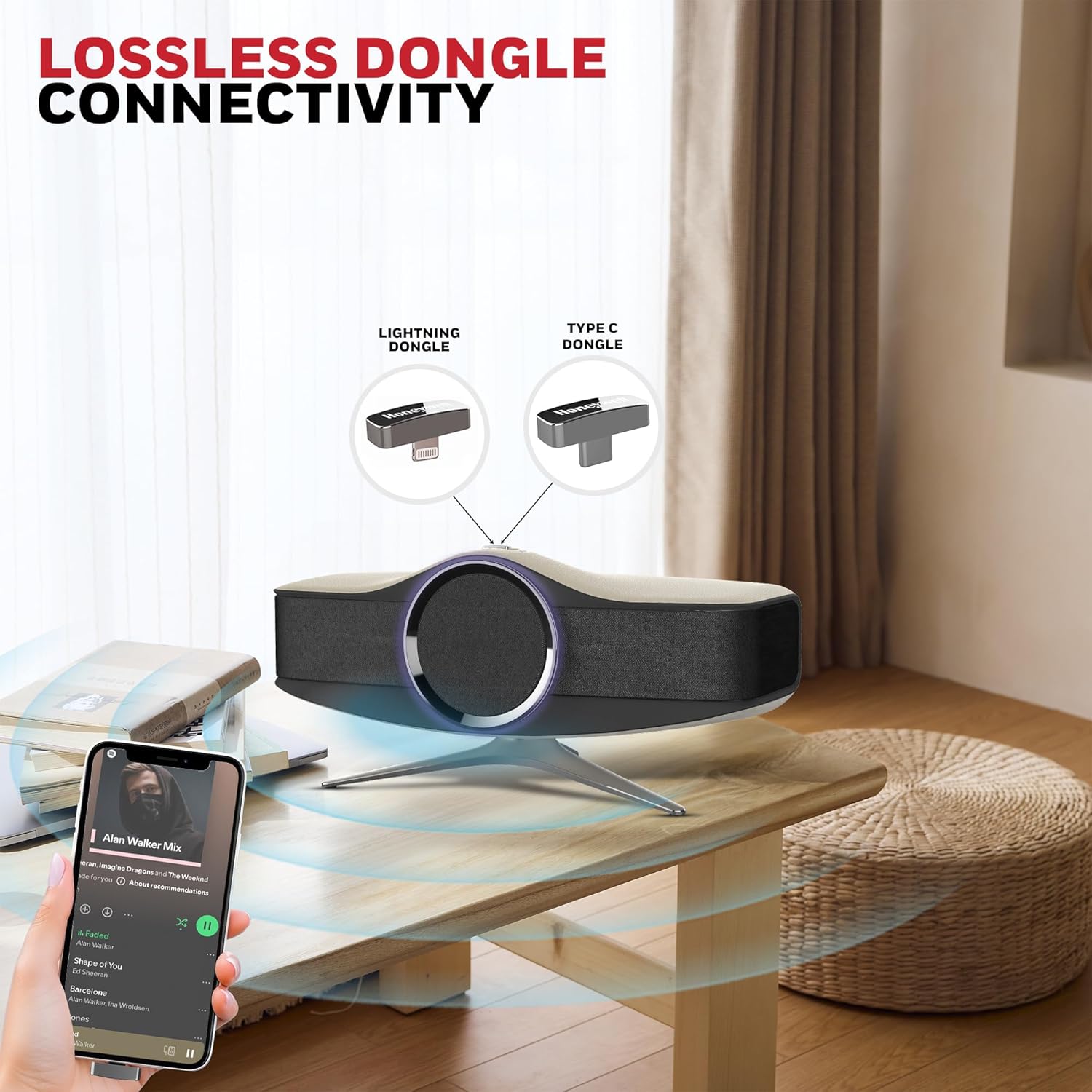 Honeywell Aviator Hi-Fi Speaker, 240W, 1MBPS+ audio codec, TypeC & Lightning Dongle, Ambient Light, Deep Bass, Bluetooth V5.3- 30m, 5 Amplification Channel, 3 Independent Sound Cavities- Dark Grey