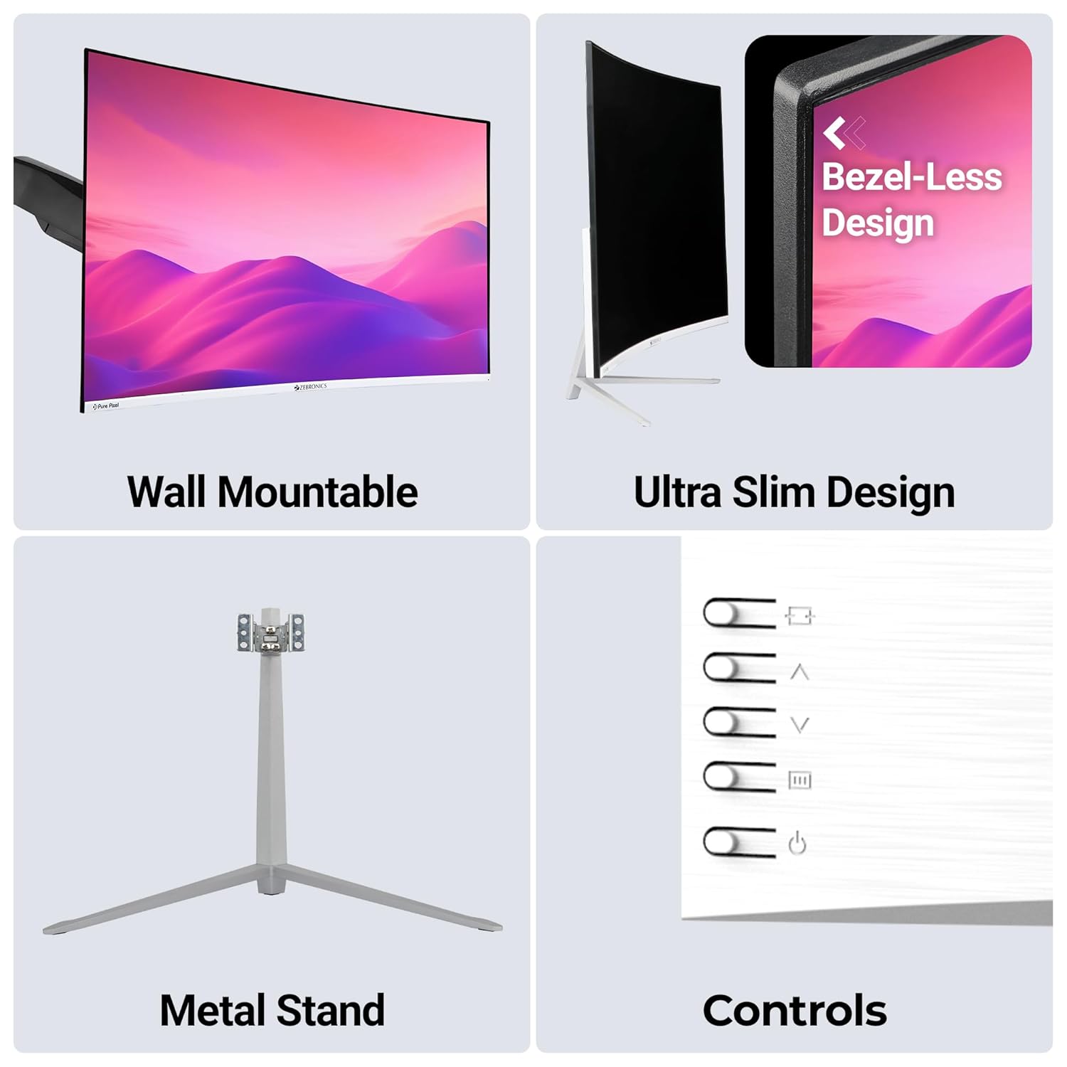 Zebronics AC32FHD 75hz LED Monitor 32 inch (81.28cm), 250 nits, 1800R Curved wide screen, FHD, 1080p, Wall Mountable, VGA, HDMI, Ultra Slim Bezel- White