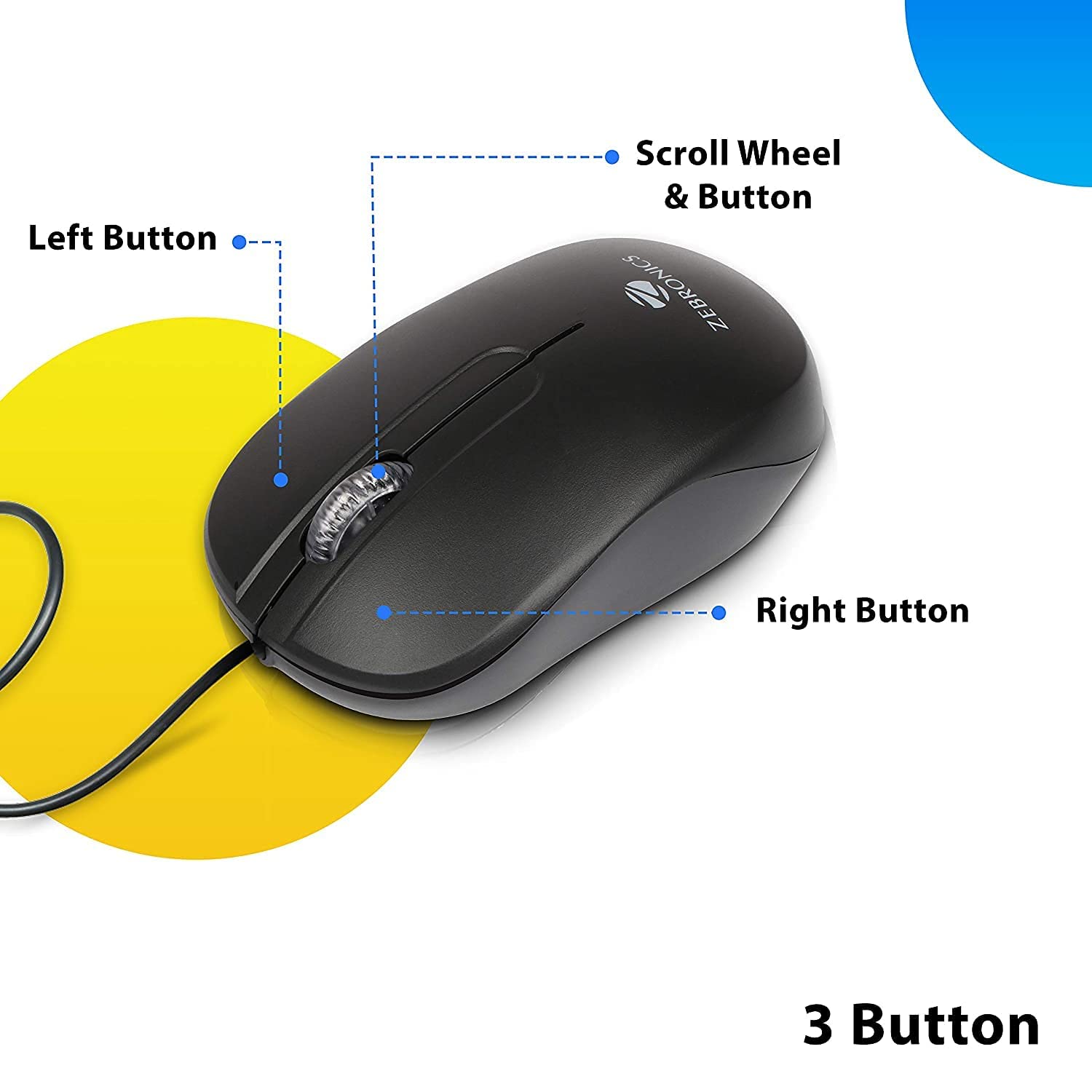 Zebronics Sprint USB Optical Mouse, Ergonomic Build and 3 Buttons with 1200 DPI- Black