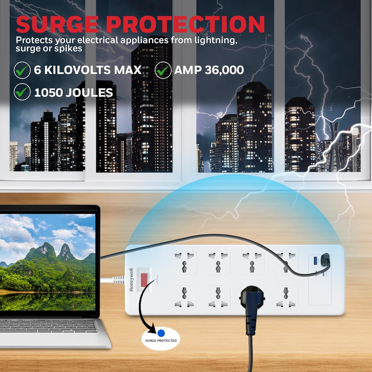 Honeywell 8 Out Surge Protector with Master Switch, Spike Guard/Extension board, 8 Outlet, 2xPD20W & 2xUSB, 1050 Joules, 1.8 Meter Cord, DSW, Automatic Overload Protection- White