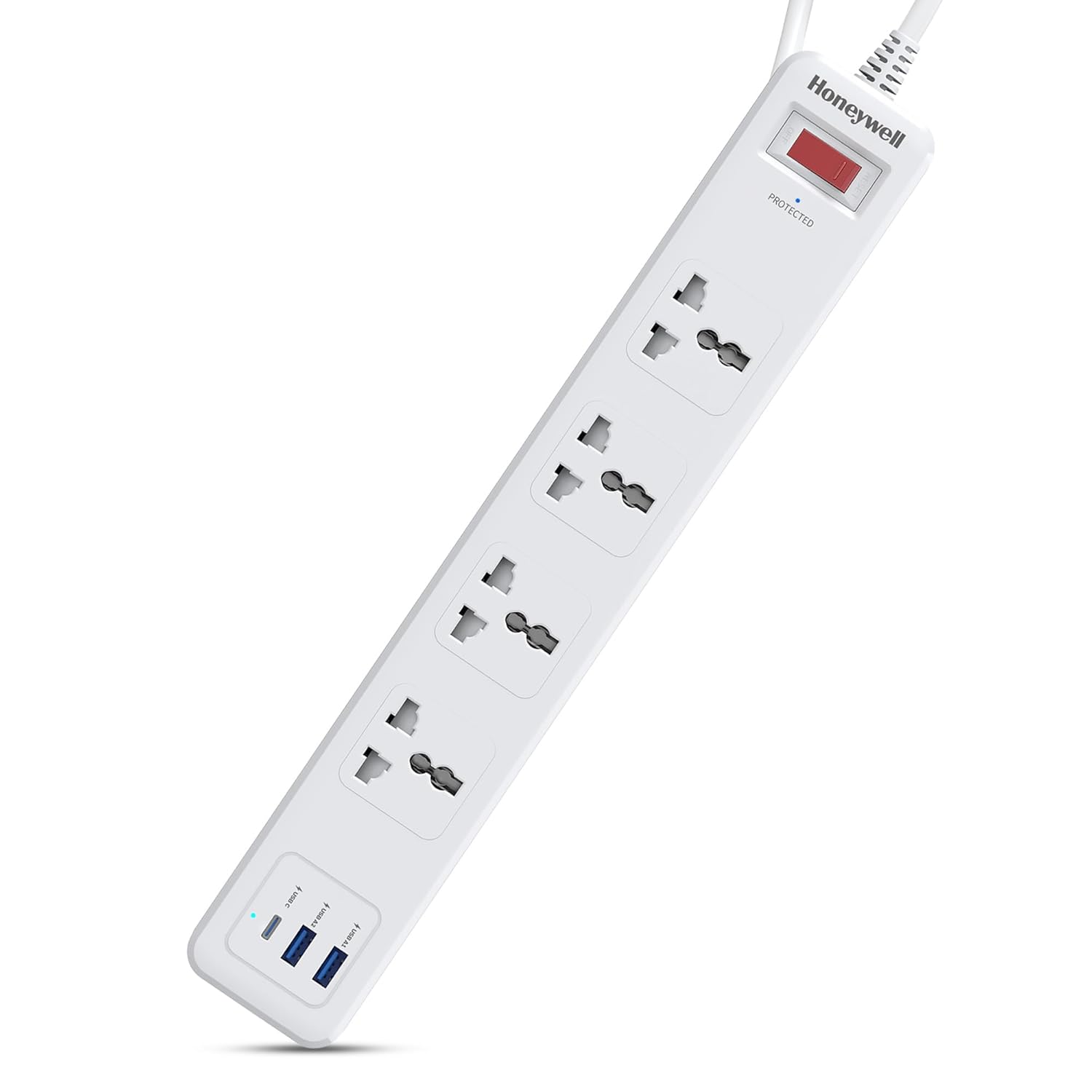 Honeywell 4 Out Surge Protector with Master Switch, Spike Guard/Extension board, 4 Outlet, PD20W & 2xUSB, 471 Joules, 1.8 Meter Cord, DSW, Automatic Overload Protection- White
