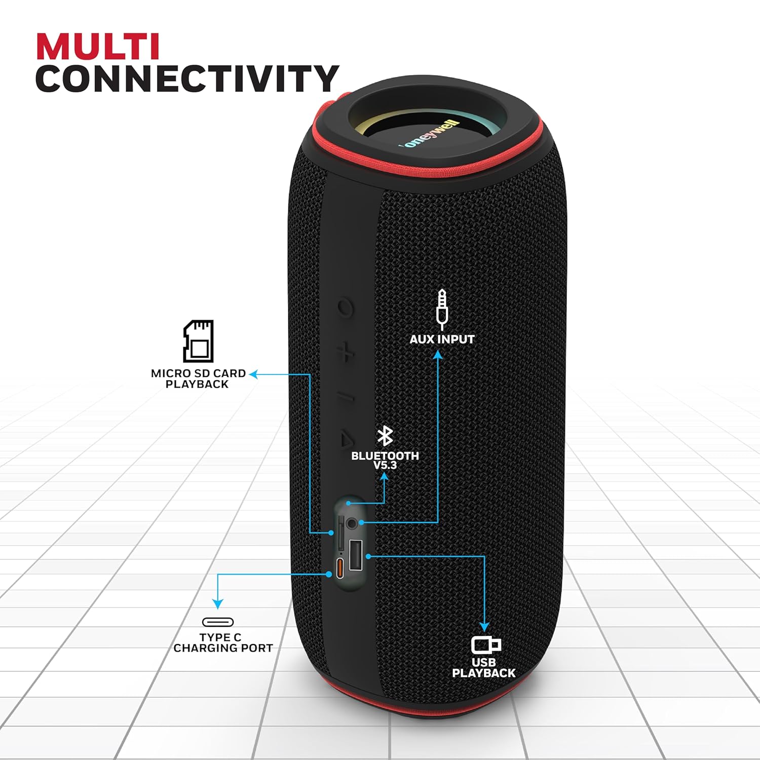 Honeywell Trueno U400 30W 5.3 Bluetooth Speaker, Deep Bass Radiators, 15H Playtime, IPX 6, TWS Feature, RGB Lights, SD Card, AUX, USB Type-C Port- Black