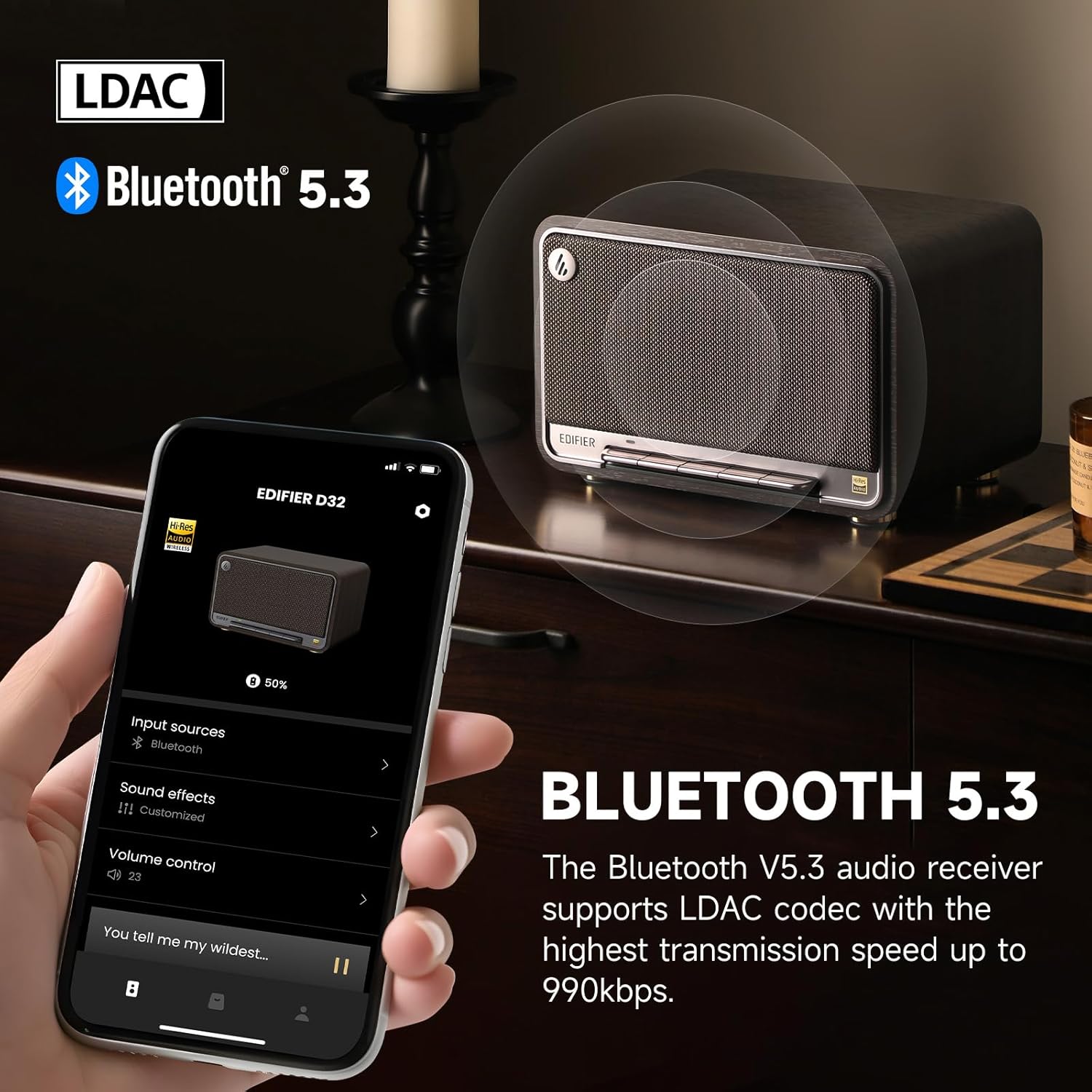 Edifier D32 Tabletop Wireless Speaker, Hi-Res Audio Bluetooth Speaker, Portable Retro Combo Speaker, 60 Watts RMS, Bluetooth 5.3- Black