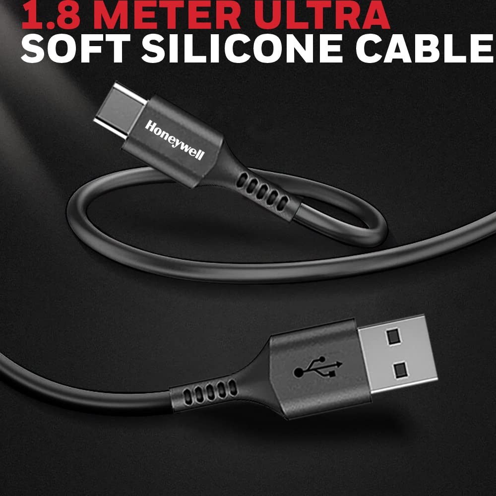 Honeywell USB 2.0 To Type C Cable (Black), PD 60W, QC 3.0, Fast Charge & Sync Cable, Ultra Soft Silicone cable for Smartphone, Laptop,Power Bank, Tablet- 6 Feet (1.8M)
