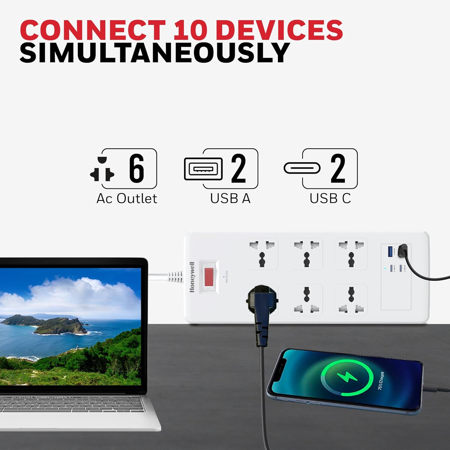 Honeywell 6 Out Surge Protector with Master Switch, Spike Guard/Extension board, 6 Outlet, 2xPD20W & 2xUSB, 1050 Joules, 1.8 Meter Cord, DSW, Automatic Overload Protection, 3 Years Manufacturer Warranty