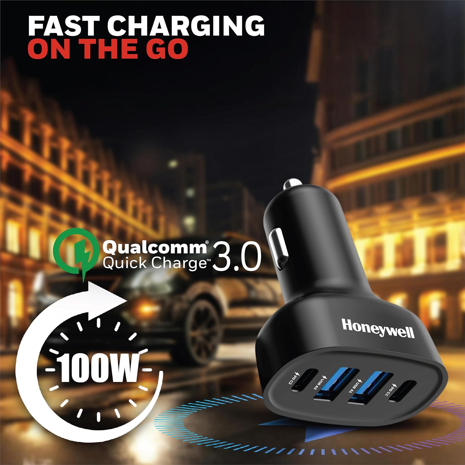 Honeywell Micro CLA 100W PD Smart Car Charger Adapter, 2xType C & 2xUSB A Port, Ultra-Fast Charging, Compatible with All Smartphones & Tablets- Black