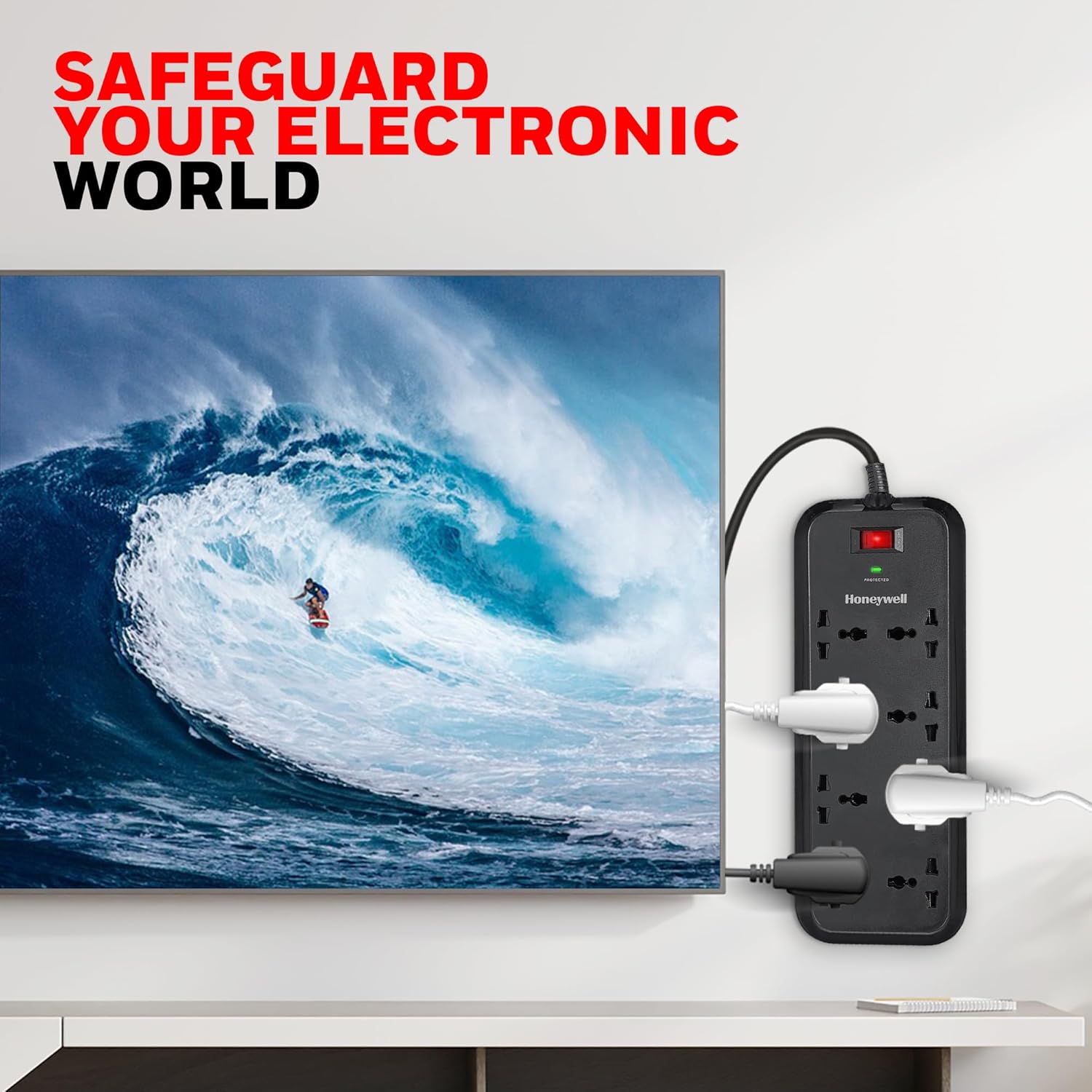 Honeywell 8 Universal Sockets Surge Protector, 2 Meter Cord, 20000Amp, Device Secure Warranty, Automatic Overload Protection,Spike Guard/Extension board, Master Switch