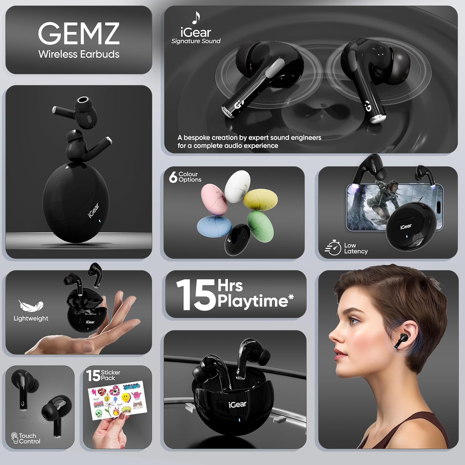 iGear Gemz iG-1142 TWS Wireless Earbuds, 15 Hrs+ Playtime- Black
