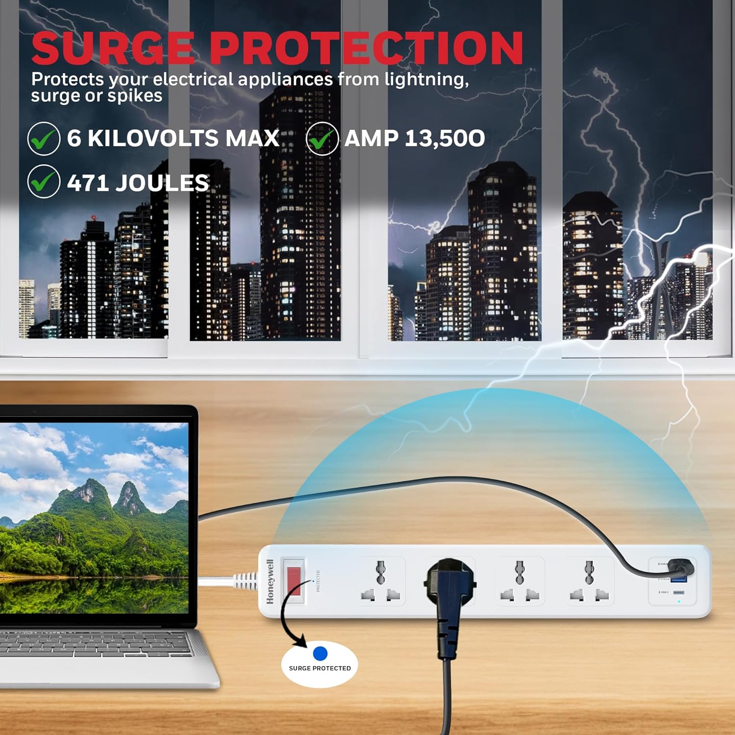 Honeywell 4 Out Surge Protector with Master Switch, Spike Guard/Extension board, 4 Outlet, PD20W & 2xUSB, 471 Joules, 1.8 Meter Cord, DSW, Automatic Overload Protection- White
