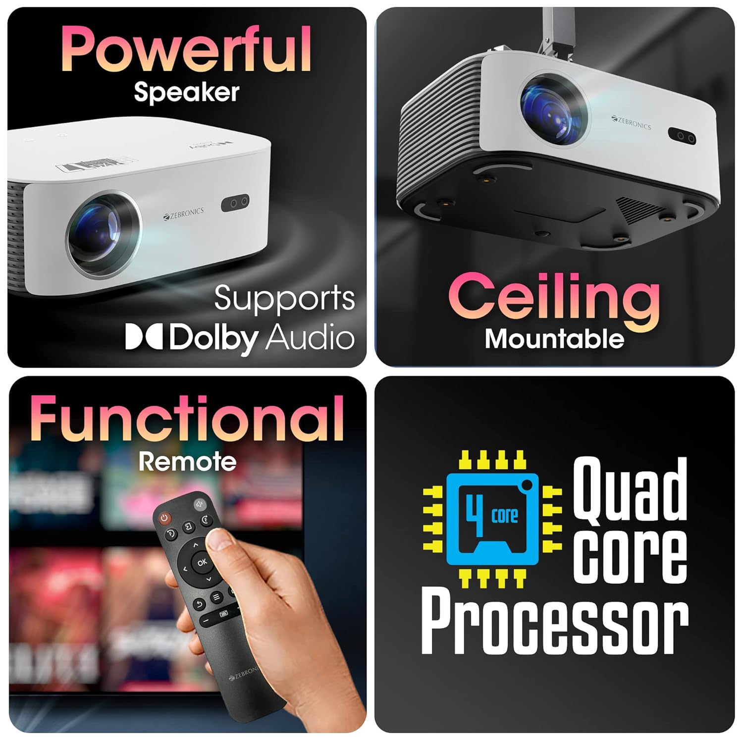 Zebronics PIXAPLAY 17, Smart LED Projector, 6000 Lumens, 4K Support, Dolby Audio, 224 Inch Screen Size- White