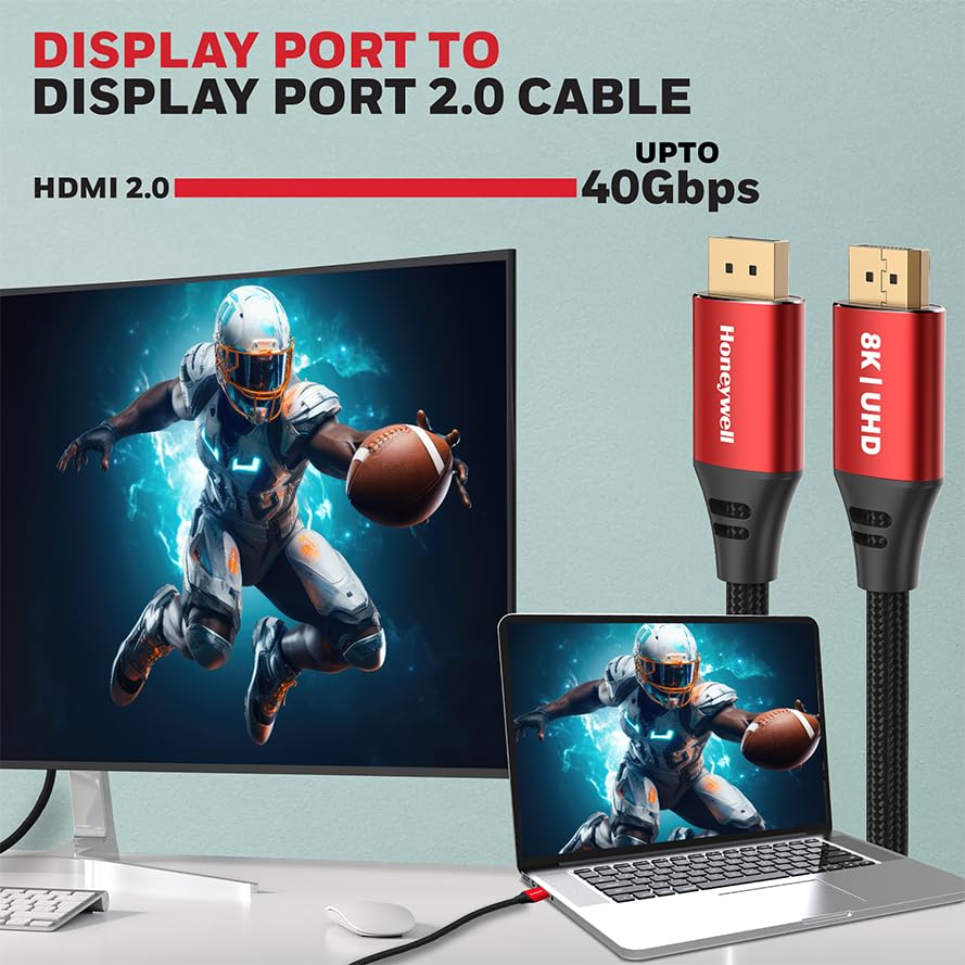 Honeywell Display Port To Display Port 2.0 Cable, 8K@60Hz UHD Resolution, 2 Mtr, Male to Male, Compatible with TV, Laptop, Projector, Monitor etc- Black