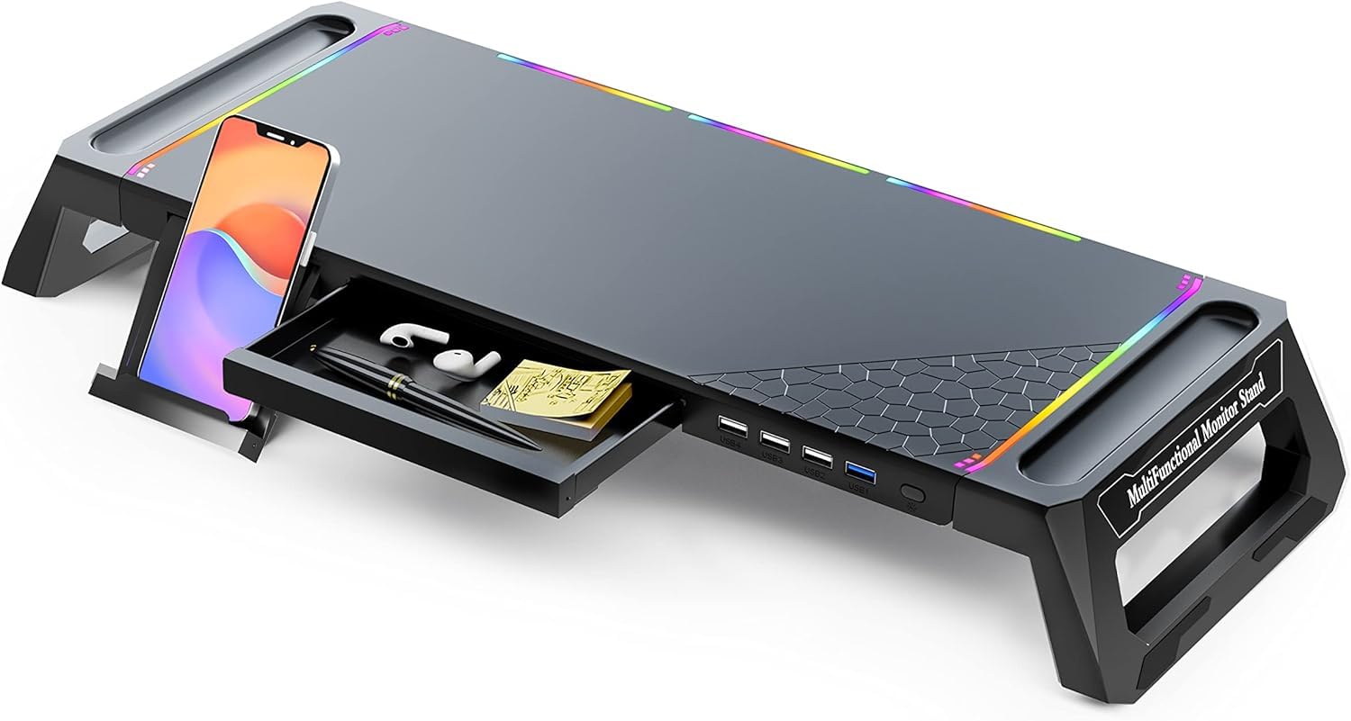 iBall ICEPAD PC30 RGB Monitor Stand for Desk with USB 3.0 & 2.0 Hub, Foldable Computer Screen Riser with Storage Drawer and Phone Holder