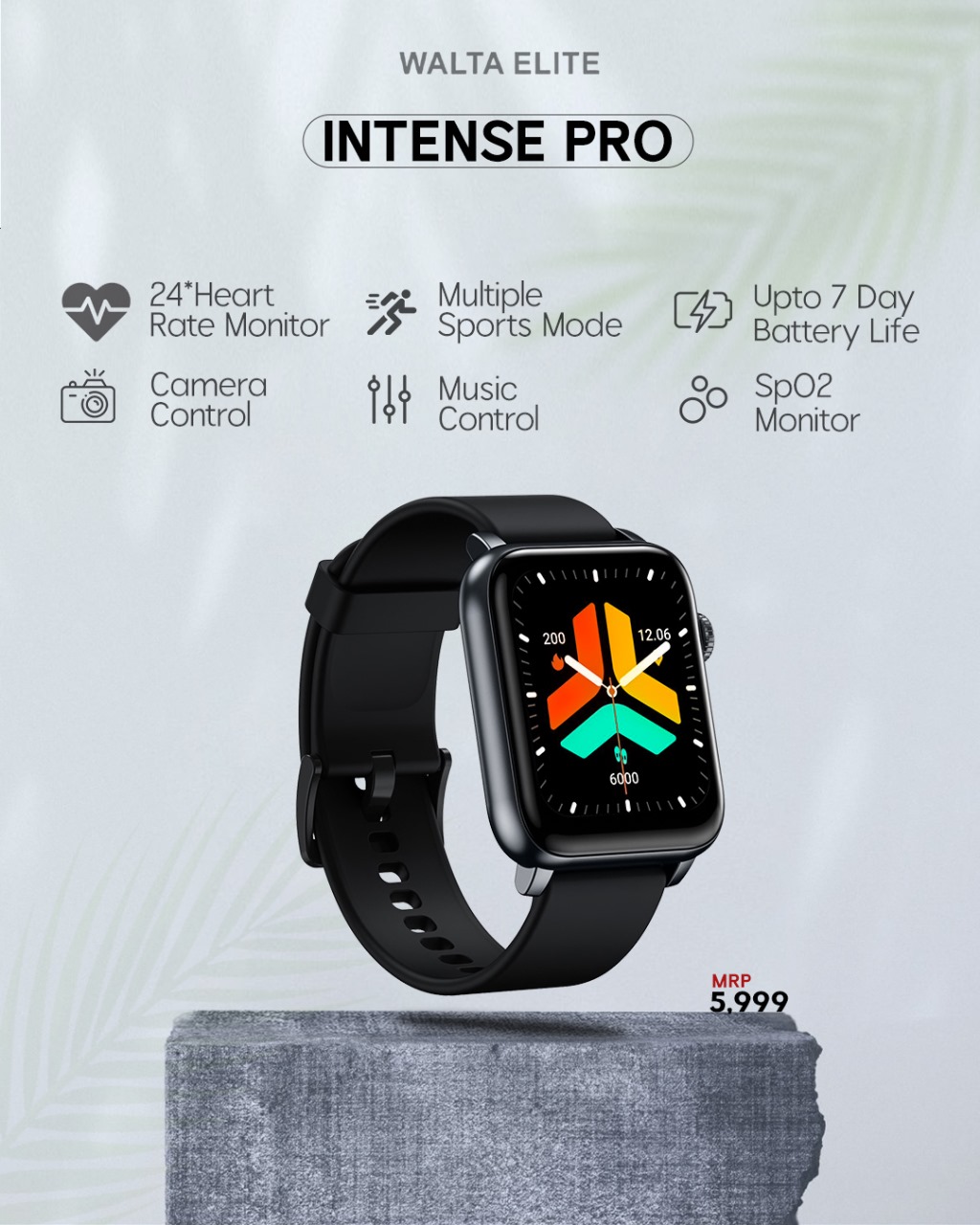 Walta Elite Intense Pro Smartwatch with 1.85" Full Touch Display, Bluetooth Calling, 600 Nits, Digital Crown, Metal Frame, SpO2, Voice Assist & 5 Days Battery Life (Black)
