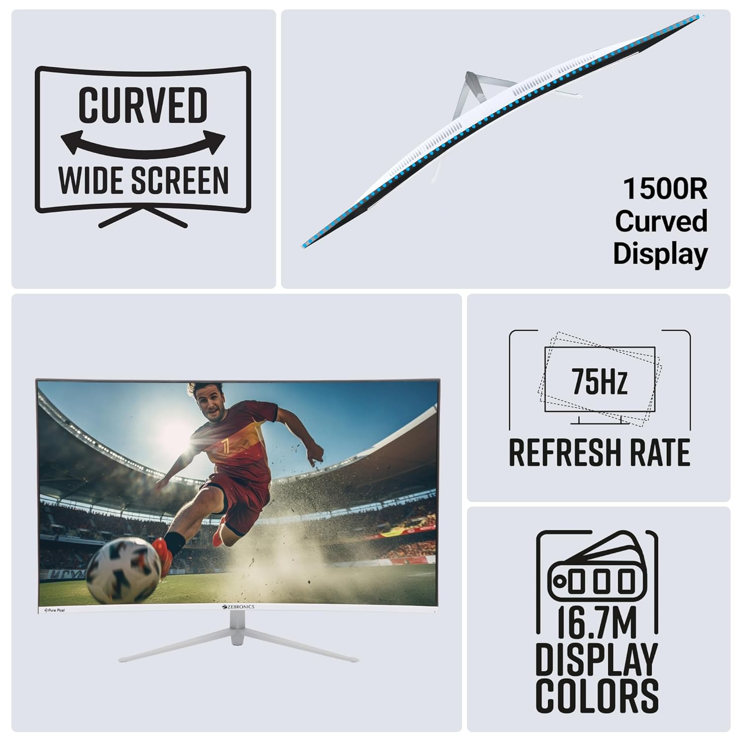 Zebronics AC32FHD 75hz LED Monitor 32 inch (81.28cm), 250 nits, 1800R Curved wide screen, FHD, 1080p, Wall Mountable, VGA, HDMI, Ultra Slim Bezel- White