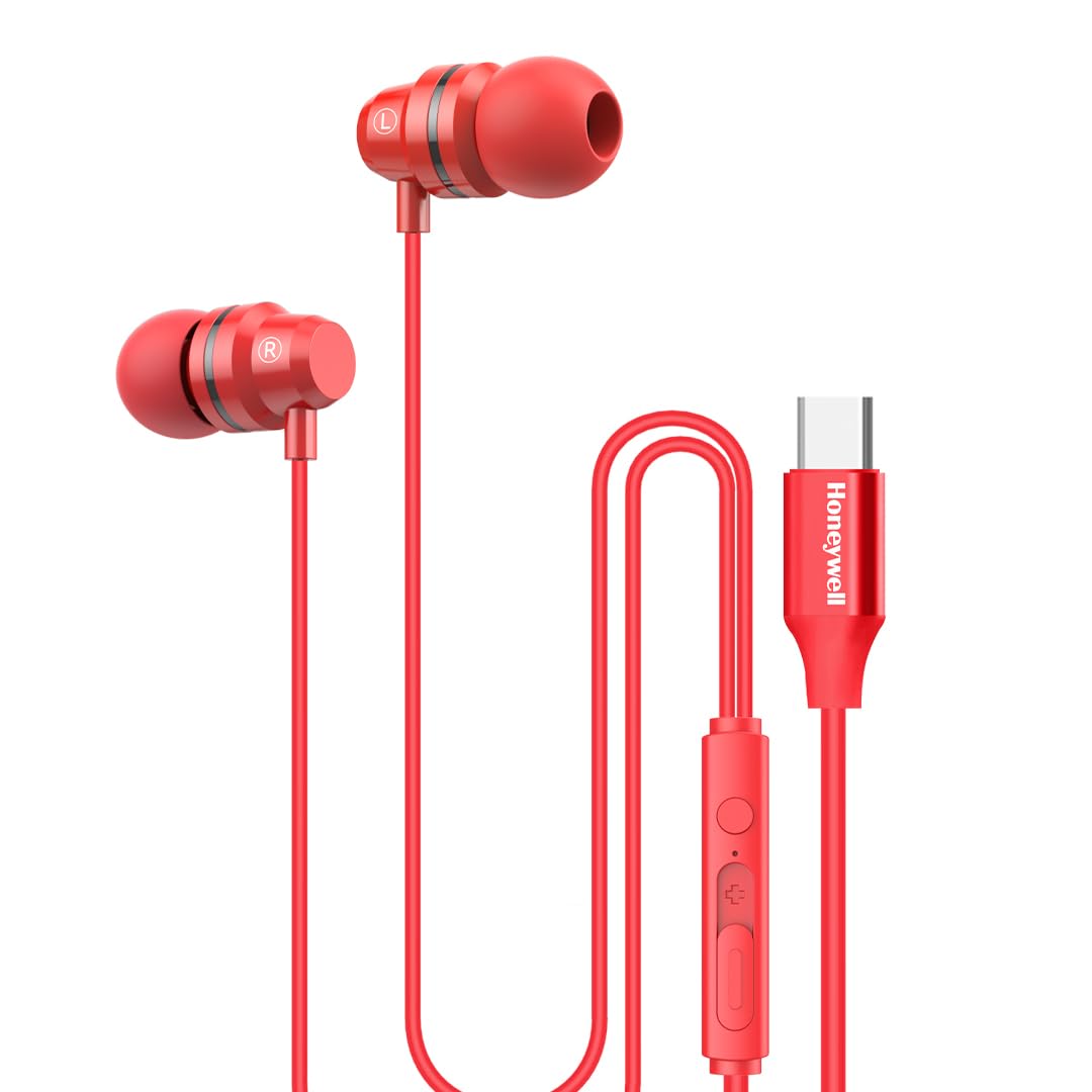 Honeywell Suono P60 Wired Earphones with built in Mic, Passive Noise Cancellation, Type C Compatible, Voice Assistant Enabled, 1.2 Mtr- Red