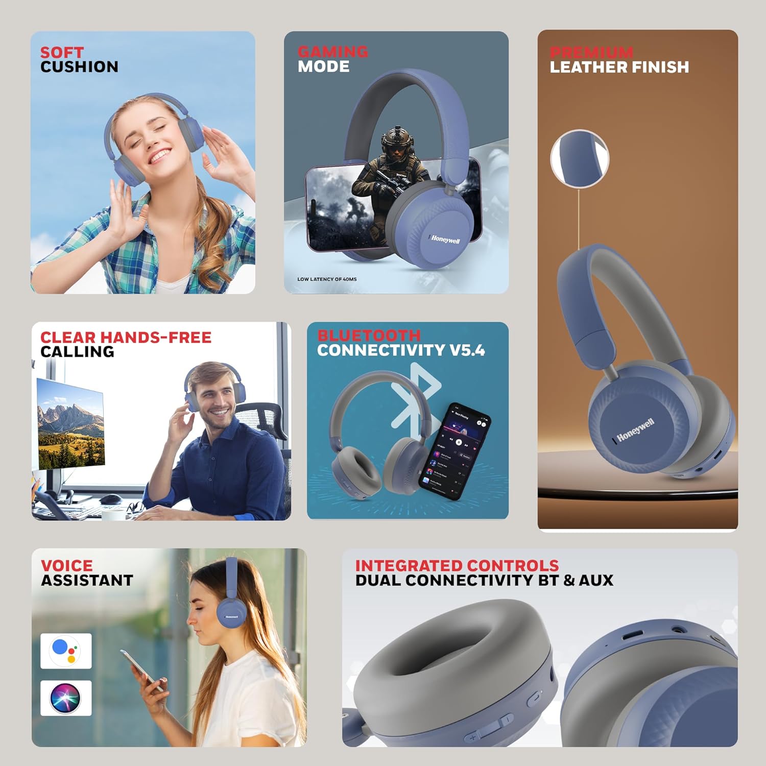Honeywell Moxie V20 Bluetooth v5.4 On-Ear Headphones with Mic, ENC, 25H Playback, Deep Bass, IPX4, Aux, Stereo Sound, 40ms low latency Gaming Mode- Blue