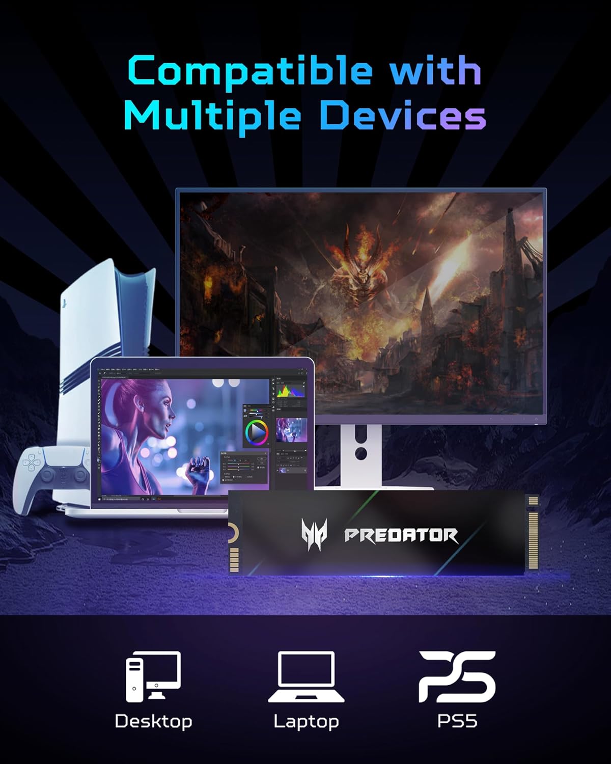 Acer Predator GM7000 1TB NVMe Gaming SSD - M.2 2280 PCIe Gen4 (16 Gb/s) x 4, DRAM Cache Up to 7400 MB/s - BL.9BWWR.105