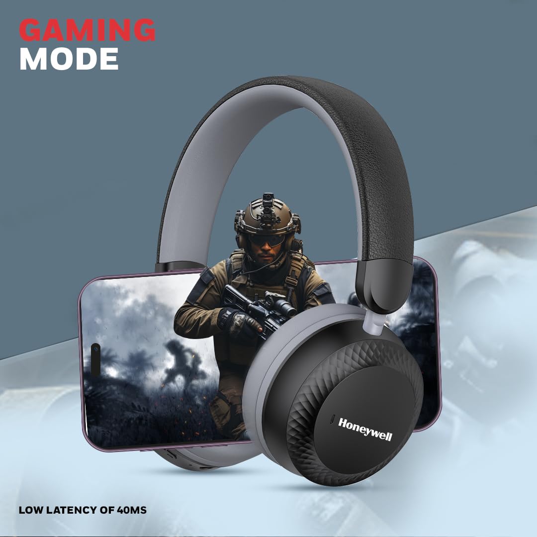 Honeywell Moxie V20 Bluetooth v5.4 On-Ear Headphones with Mic, ENC, 25H Playback, Deep Bass, IPX4, Aux, Stereo Sound, 40ms low latency Gaming Mode- Black