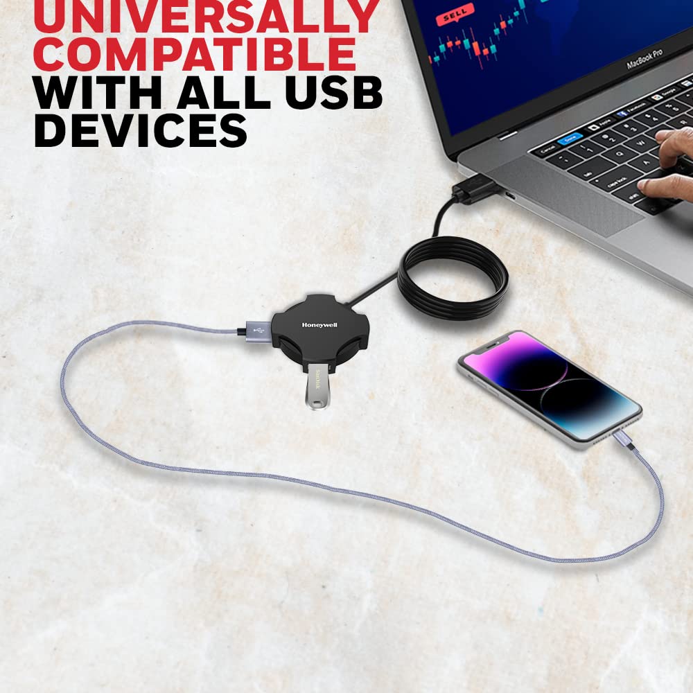 Honeywell 4 in 1 Ultra Slim USB Hub 2.0, with 1.2Meter(4 feet) Cable, with a Transfer Speed of 480MBPS, Universally Compatible with All USB PC Speaker Laptop Hard Drive Keyboard Printer Pen Drive- Black
