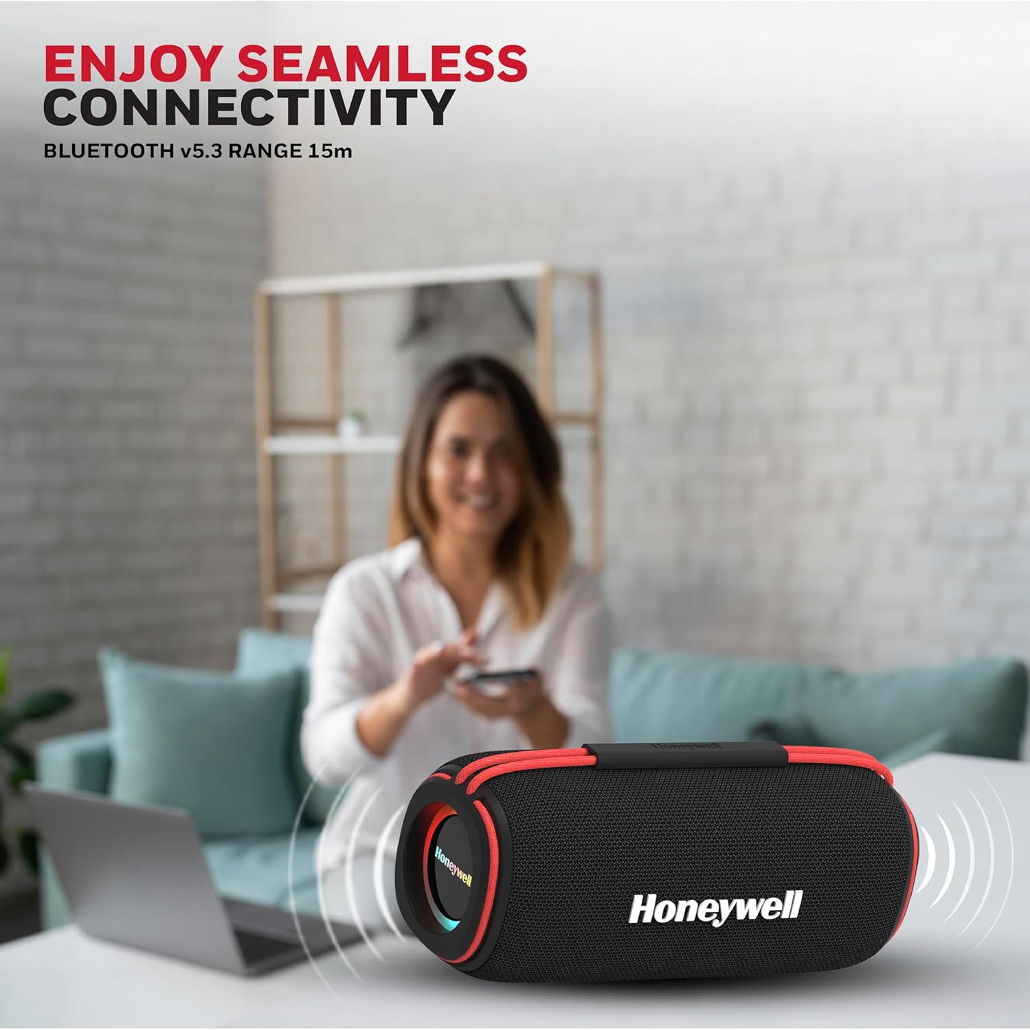 Honeywell Trueno U500 60W 5.3 Bluetooth Speaker, Deep Bass Radiators, 18H Playtime, IPX 6, TWS Feature, RGB Lights, SD Card, AUX, USB Type-C Port- Black