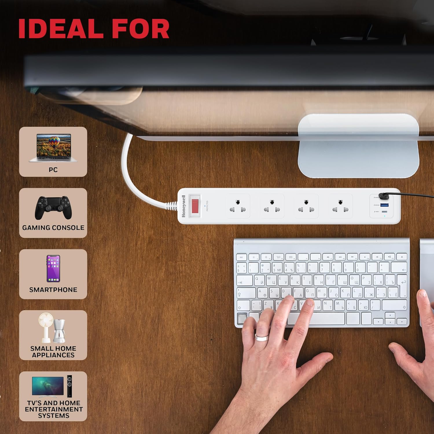 Honeywell 4 Out Surge Protector with Master Switch, Spike Guard/Extension board, 4 Outlet, PD20W & 2xUSB, 471 Joules, 1.8 Meter Cord, DSW, Automatic Overload Protection- White