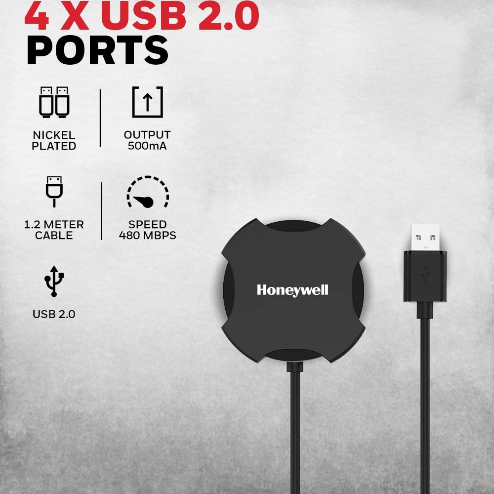 Honeywell 4 in 1 Ultra Slim USB Hub 2.0, with 1.2Meter(4 feet) Cable, with a Transfer Speed of 480MBPS, Universally Compatible with All USB PC Speaker Laptop Hard Drive Keyboard Printer Pen Drive- Black