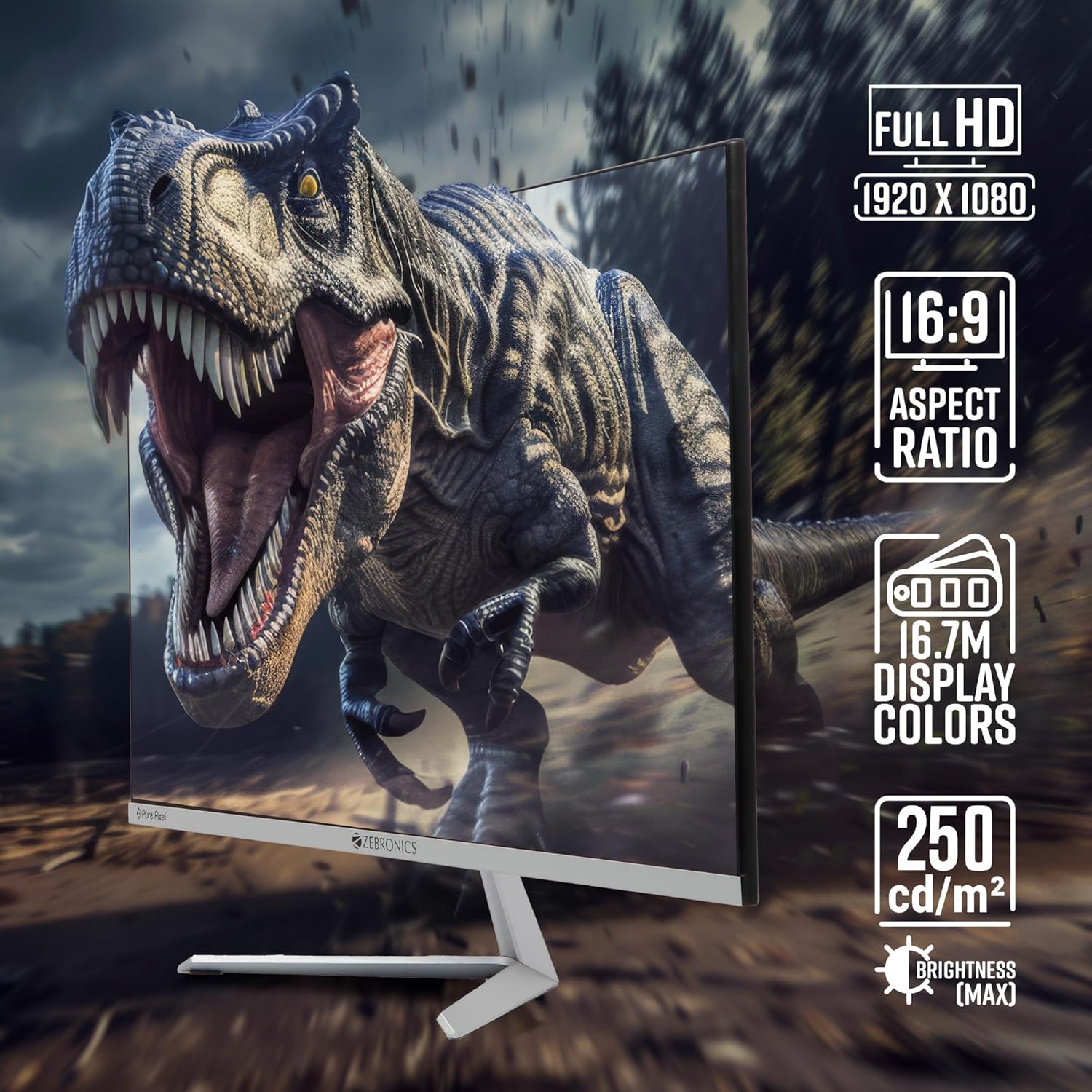 Zebronics A24FHD LED Monitor 24inch (60.96cm), 250 nits, 100Hz, Slim Design, FHD, 1080p, Wall Mountable, HDMI, VGA- White
