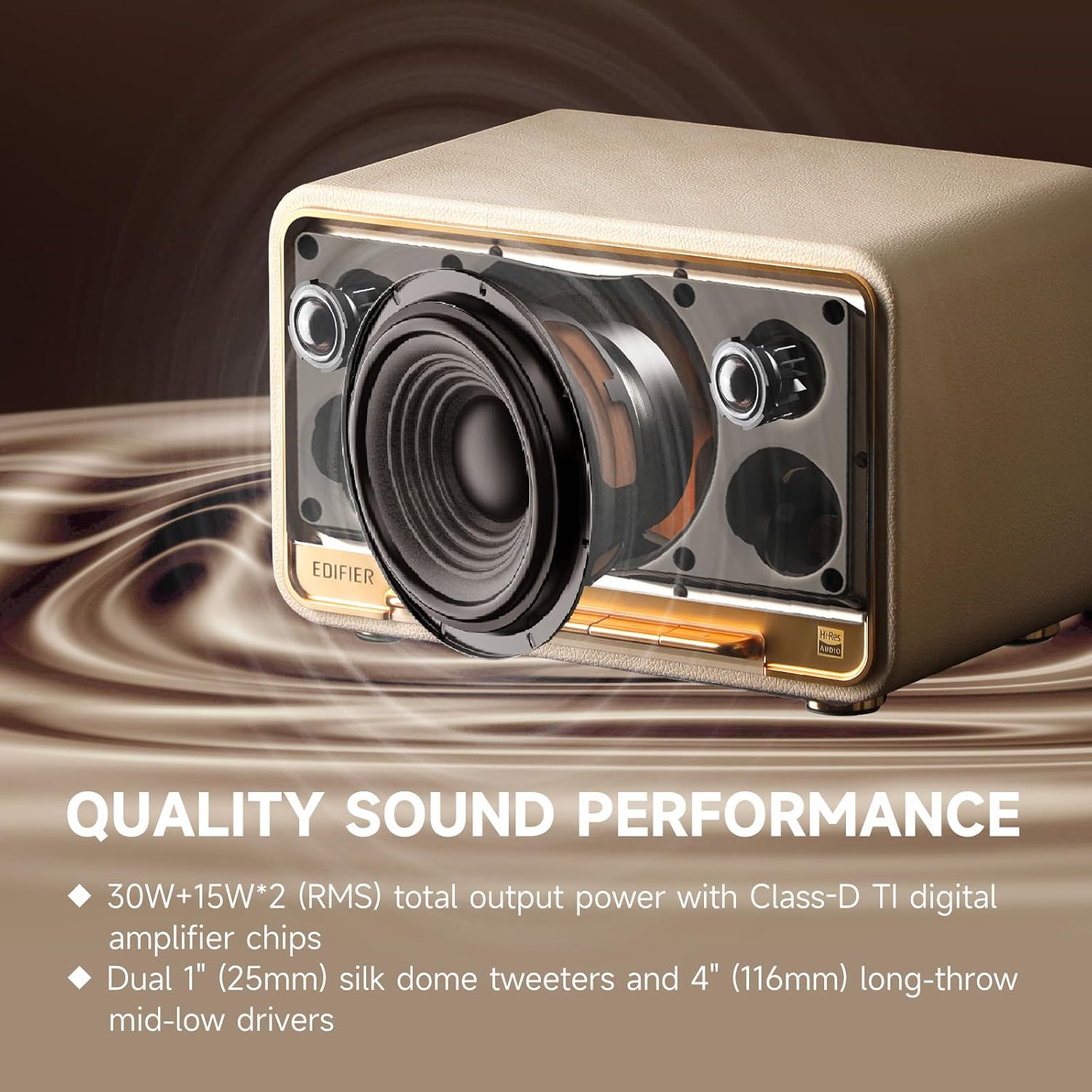 Edifier D32 Tabletop Wireless Speaker, Hi-Res Audio Bluetooth Speaker, Portable Retro Combo Speaker, 60 Watts RMS, Bluetooth 5.3- White