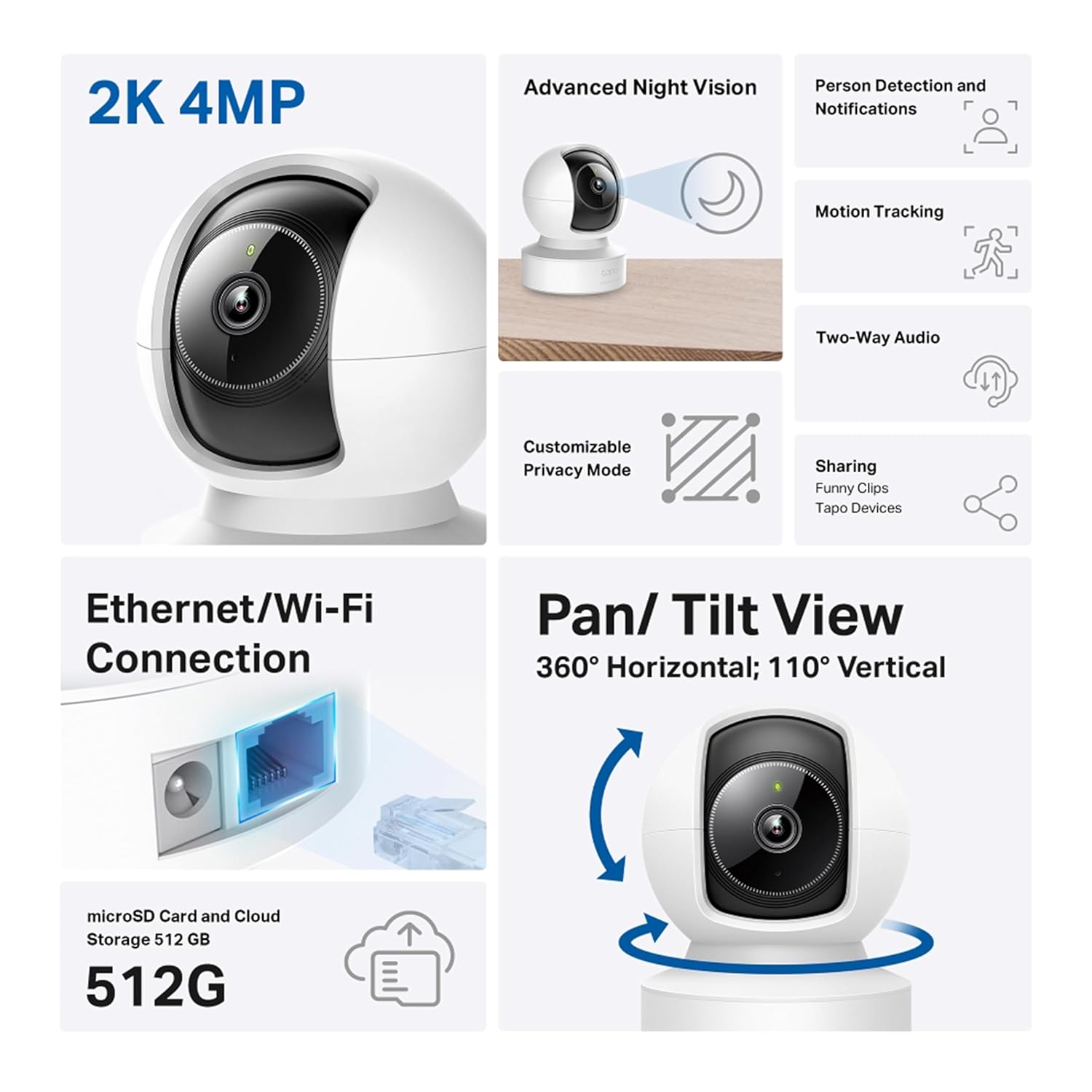TP-Link Tapo C222 4MP 2K QHD 1440p Pan/Tilt AI Smart Home Security Wi-Fi Camera, Works with Google Home and Alexa, 360º Ethernet/Wi-Fi Connection- White