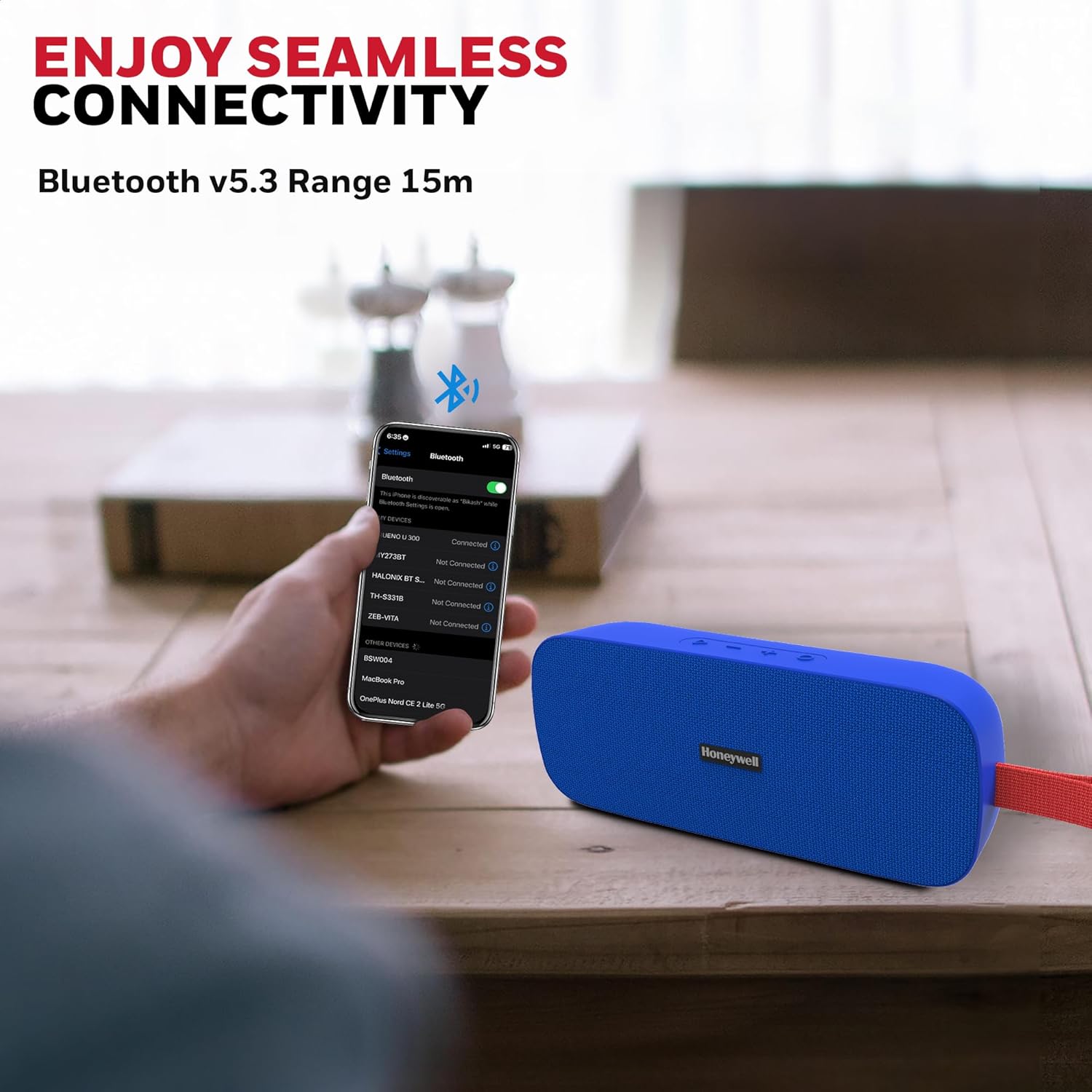 Honeywell Trueno U300 20W 5.3 Bluetooth Speaker,Deep Bass Radiators,13H Playtime,IPX 6,TWS Feature,SD Card,USB Type-C Port,AUX,Built-in Mic - Blue