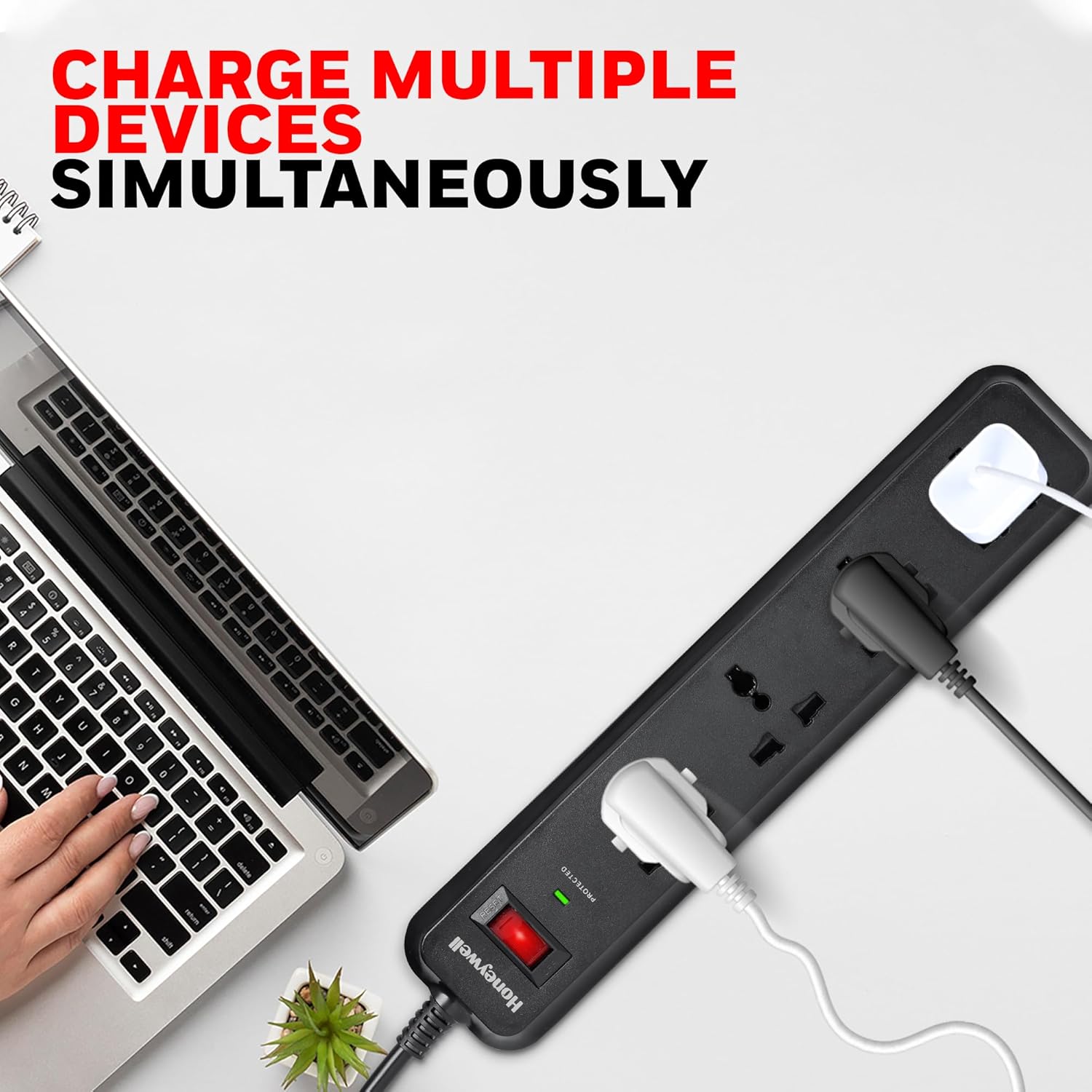Honeywell 4 Universal Sockets Surge Protector, 2 Meter Cord, 15000Amp, Device Secure Warranty, Automatic Overload Protection, Spike Guard/Extension Board, Master Switch