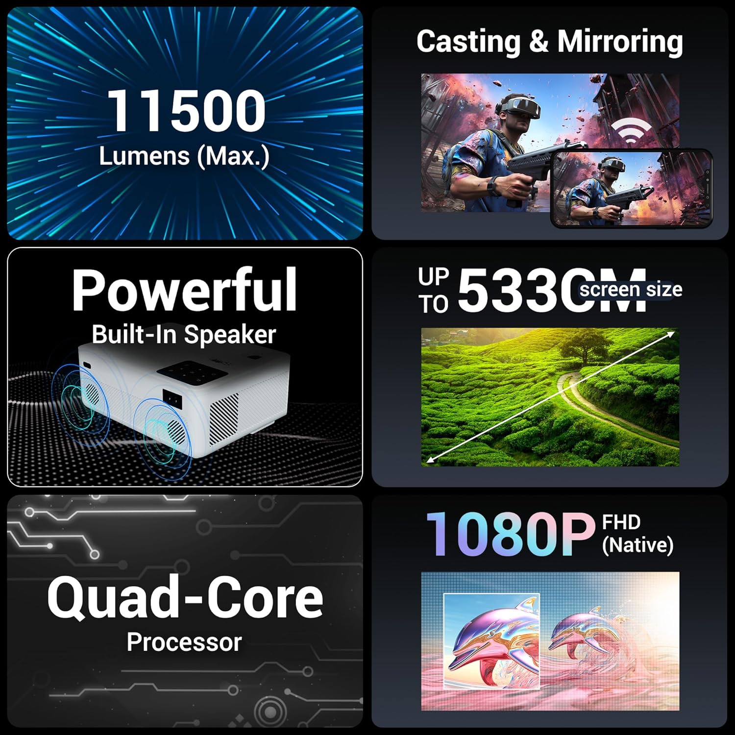 Zebronics PIXAPLAY 58 Smart Projector, 11500 Lumens, 4K Support, 210 Inch Screen Size, Quad Core Processor- White