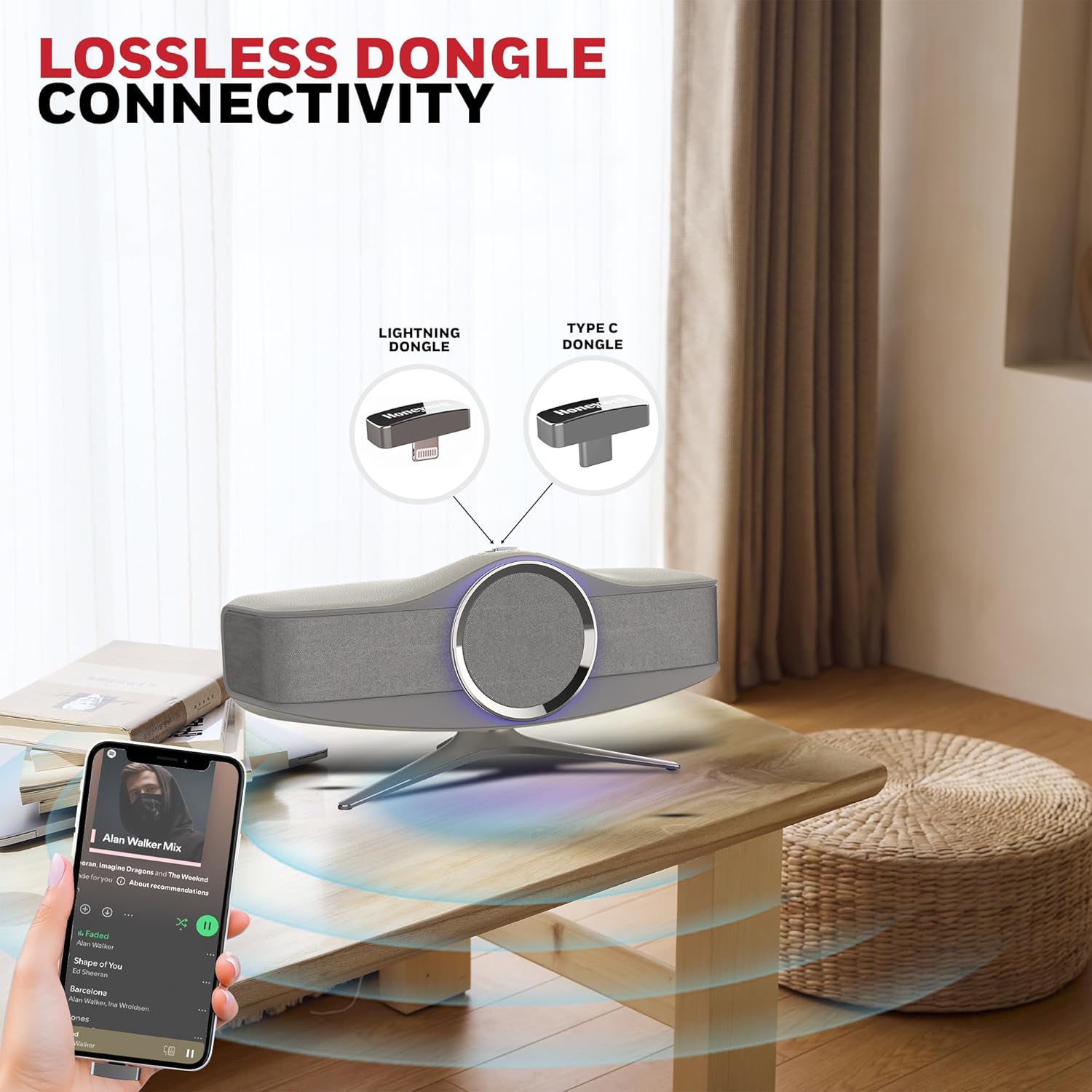 Honeywell Aviator Hi-Fi Speaker, 240W, 1MBPS+ audio codec, TypeC & Lightning Dongle, Ambient Light, Deep Bass, Bluetooth V5.3- 30m, 5 Amplification Channel, 3 Independent Sound Cavities- Grey