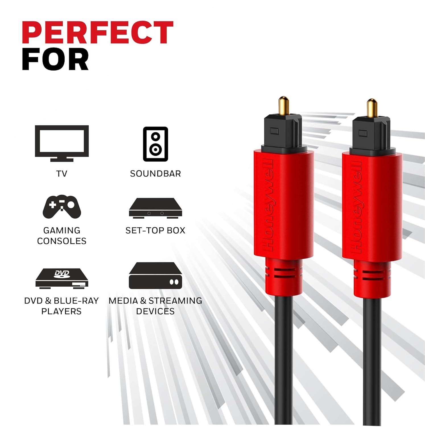Honeywell Toslink Digital Optical Audio Cable 2MTR, 24K Gold Plated Connectors, PVC Jacketed Copper Wire, Compatible with Home Theatres (7.1),- Black