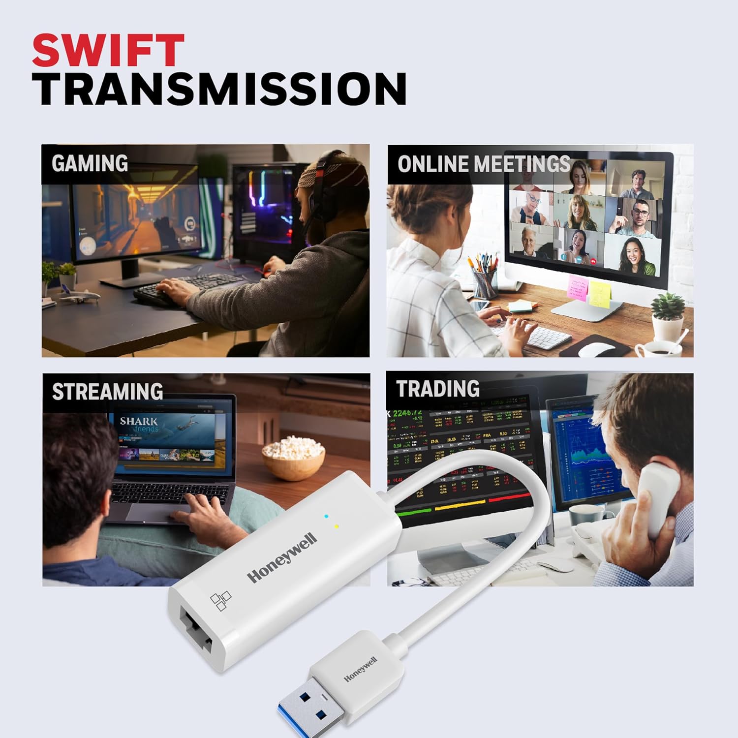 Honeywell High-Speed USB 3.1 to RJ45 Gigabit Ethernet Adapter, 10/100/1000 MBPS Network LAN Speed, for Laptop, Desktop, Gaming Console etc- White