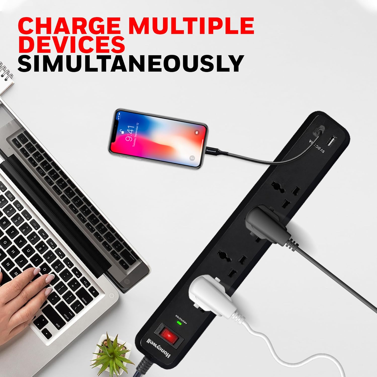 Honeywell 4 Universal Sockets Surge Protector, 2USB Ports, 2Meter,15000Amp,Device Secure Warranty,Auto Overload Protection,Spike Guard/Extension Board,Master Switch,3Year Manufacturer Warranty-Black