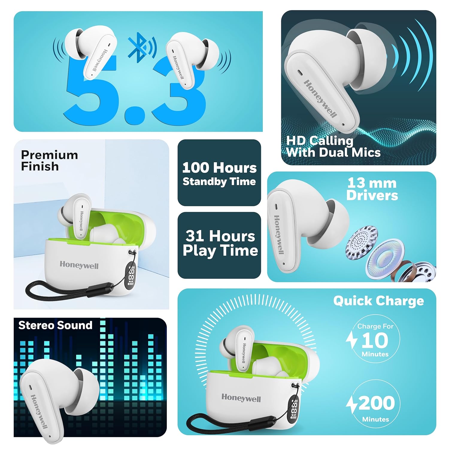 Honeywell Moxie V1100 TWS Earbuds in-Ear wireless with Digital Battery Display Case, Bluetooth V5.3, 31 Hours of Playtime, 13mm*2 Drivers, Fast Charging -White