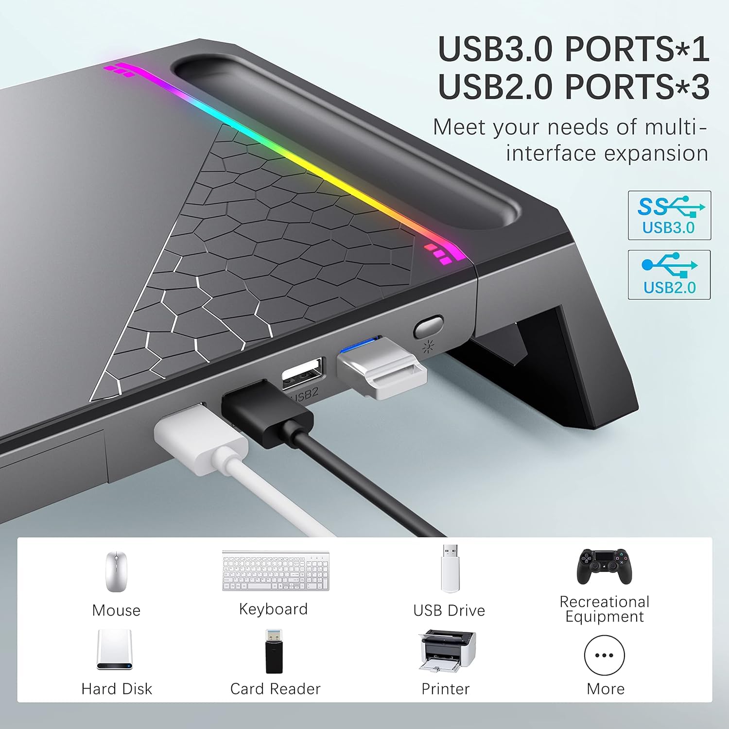 iBall ICEPAD PC30 RGB Monitor Stand for Desk with USB 3.0 & 2.0 Hub, Foldable Computer Screen Riser with Storage Drawer and Phone Holder