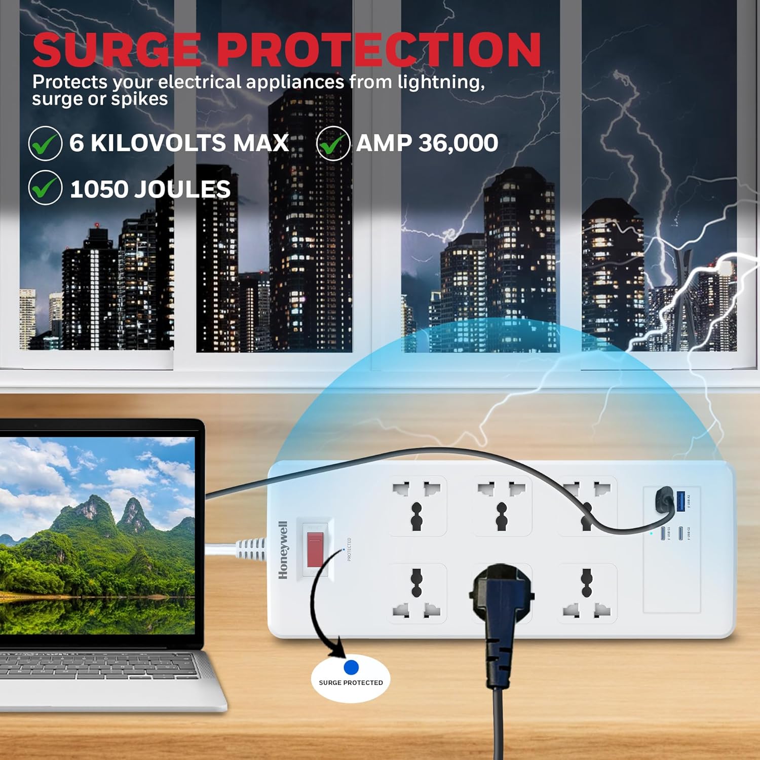 Honeywell 6 Out Surge Protector with Master Switch, Spike Guard/Extension board, 6 Outlet, 2xPD20W & 2xUSB, 1050 Joules, 1.8 Meter Cord, DSW, Automatic Overload Protection, 3 Years Manufacturer Warranty