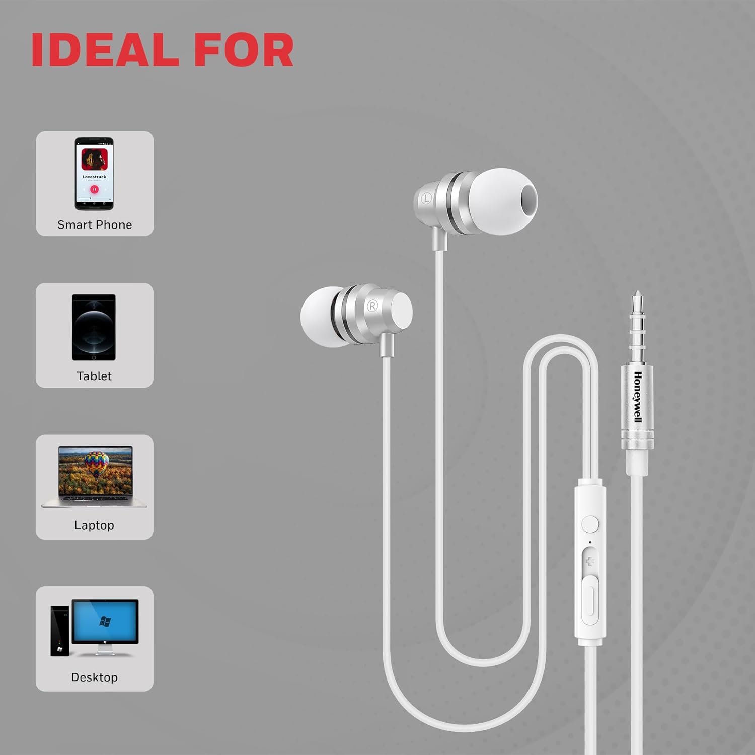 Honeywell Moxie V50 Wired Earphones with built in Mic, 10mm*2 drivers, Passive Noise Cancellation, 3.5mm AUX, Voice Assistant Enabled, 1.2 Mtr- White