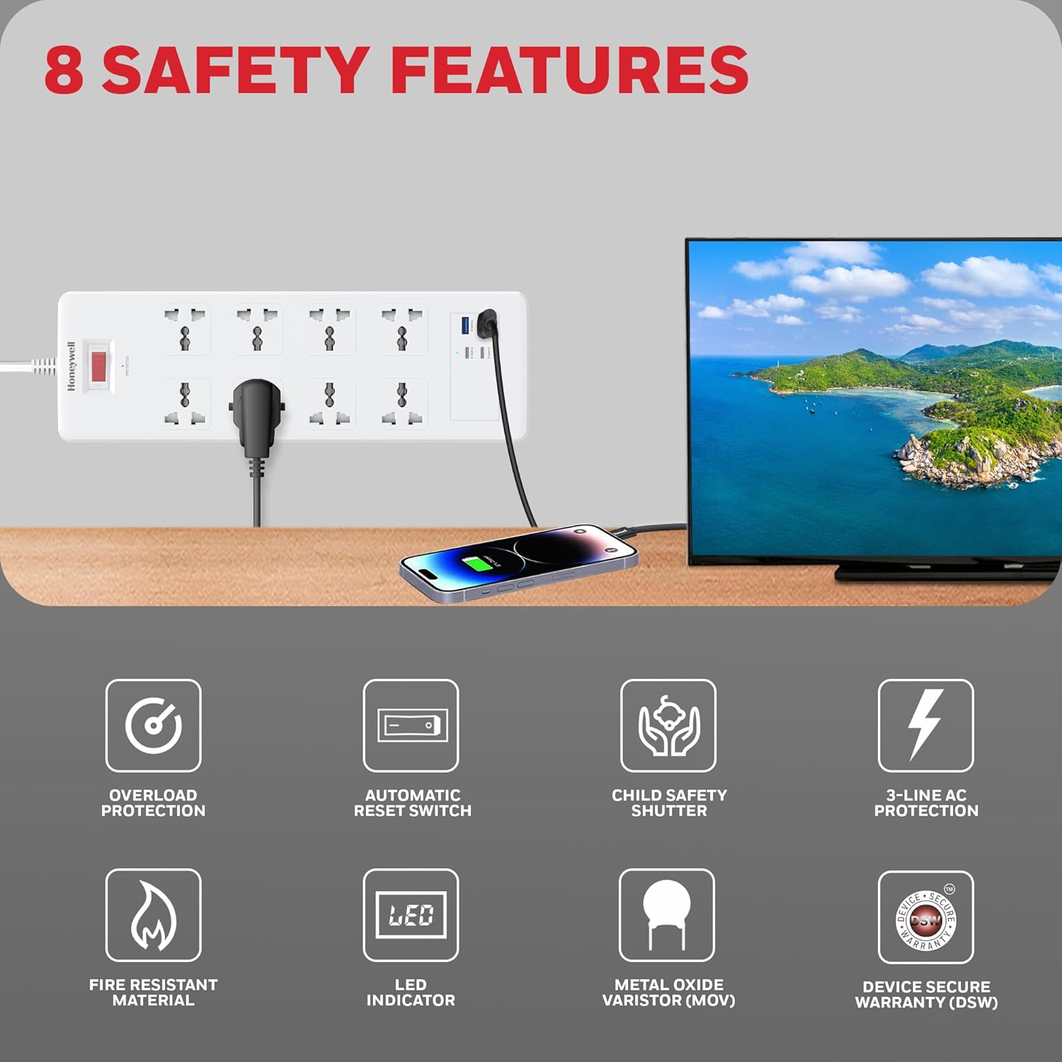 Honeywell 8 Out Surge Protector with Master Switch, Spike Guard/Extension board, 8 Outlet, 2xPD20W & 2xUSB, 1050 Joules, 1.8 Meter Cord, DSW, Automatic Overload Protection- White