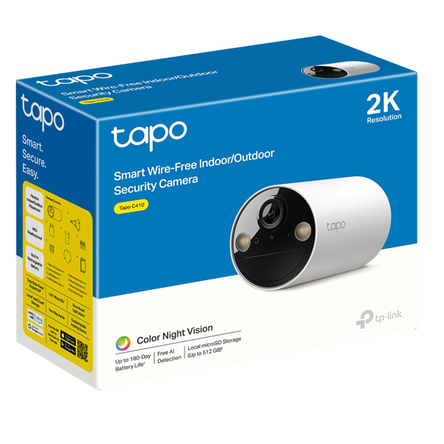 TP-Link Tapo C410 3MP 2K Wireless Smart Security Camera, Colour Night Vision, Wire-Free Indoor/Outdoor, 6400 mAh Non-Removable Battery- White